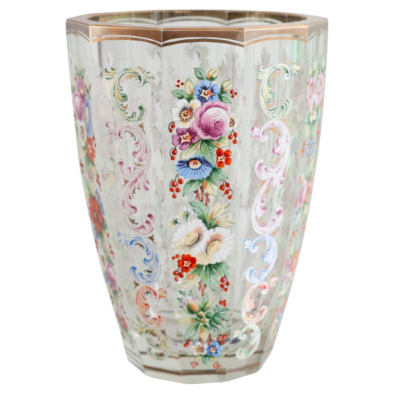 Antique Moser Multicolored Hand Painted Floral and Gilt Vase For Sale