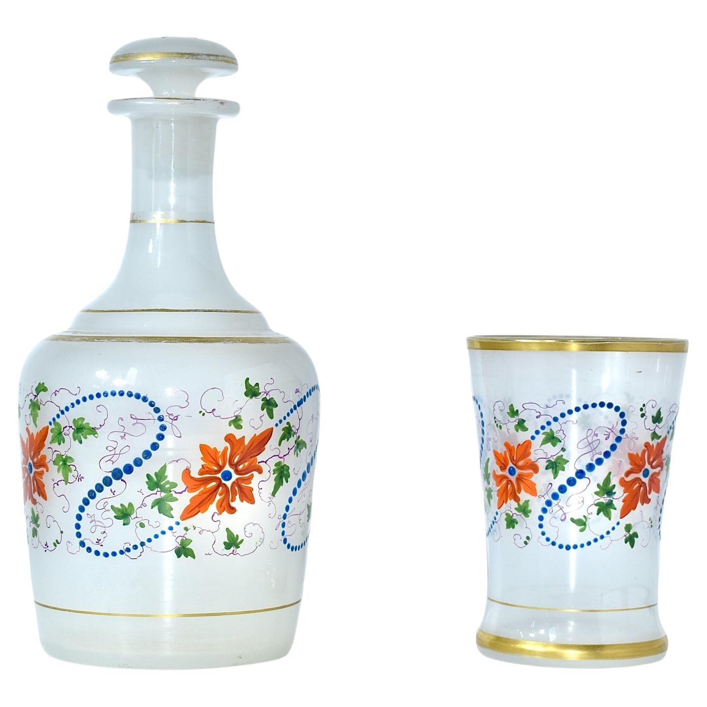 Antique Moser Opaline Enameled Glass Bottle and Glass, 19th Century In Good Condition For Sale In Rostock, MV