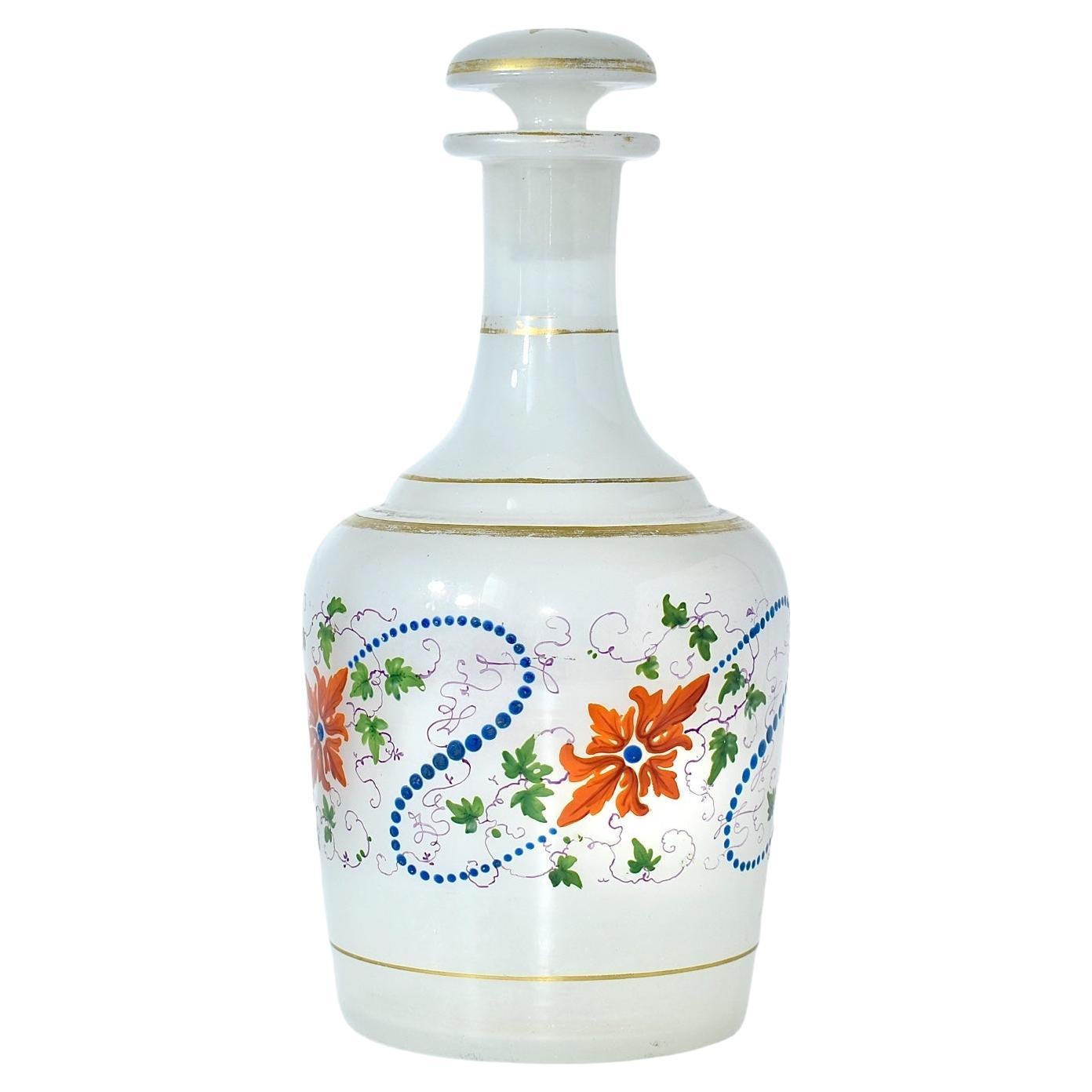 Opaline Glass Antique Moser Opaline Enameled Glass Bottle and Glass, 19th Century For Sale