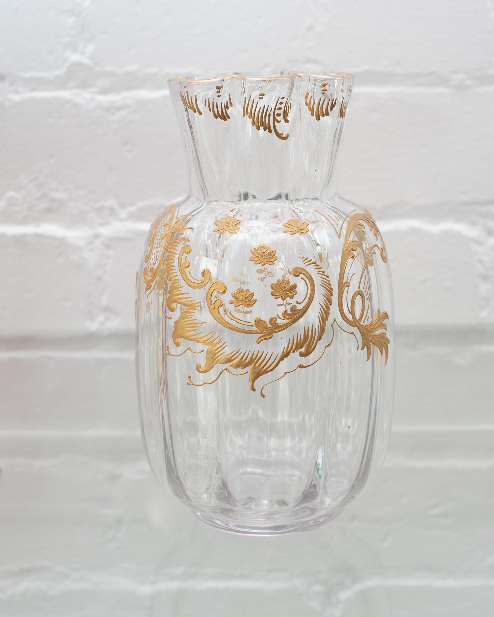 A beautiful antique Moser round crystal vase with ornate floral gilding and flared square mouth. In excellent condition for it’s age and a perfect size.