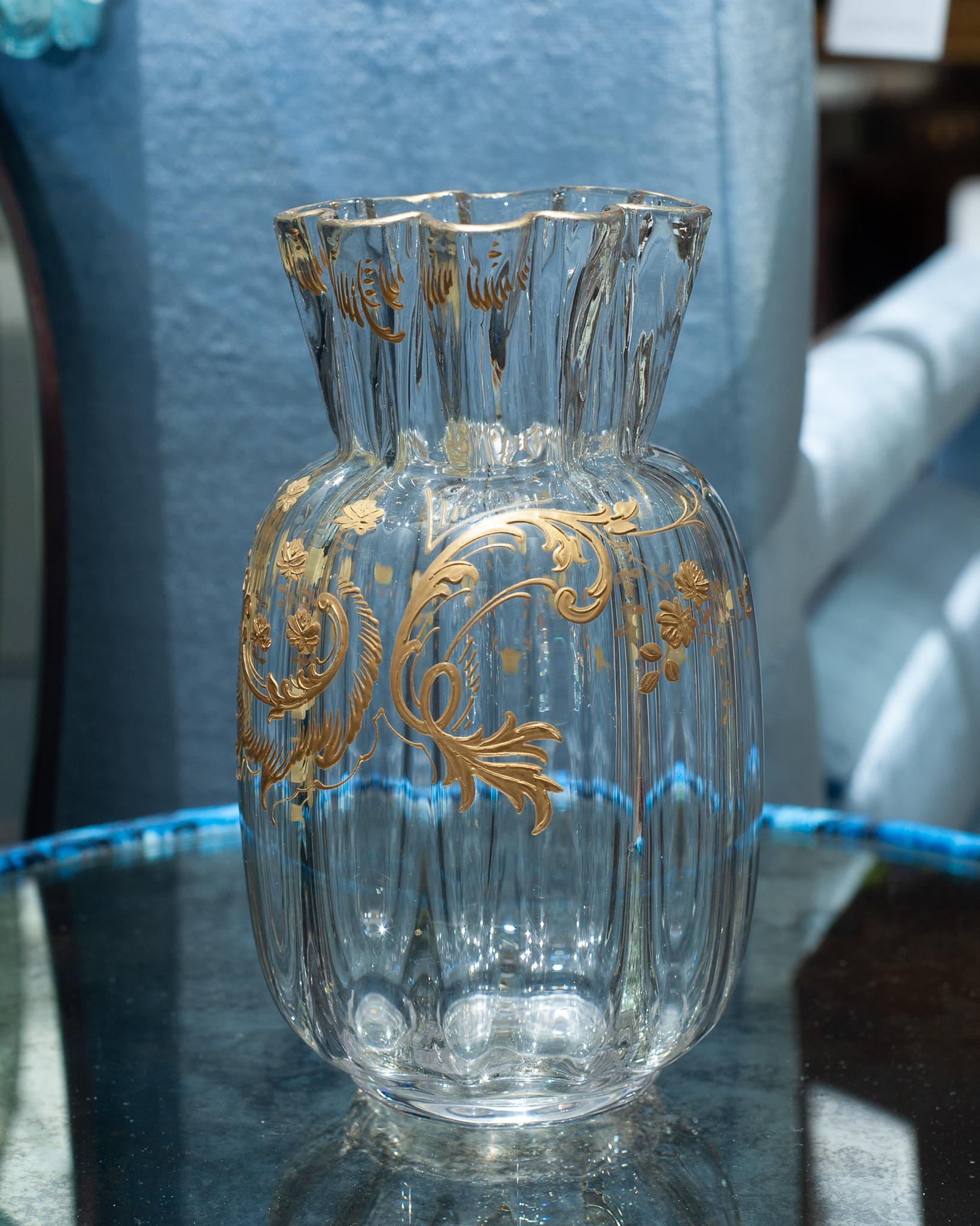 Gilt Antique Moser Round Crystal Vase with Ornate Gilding For Sale