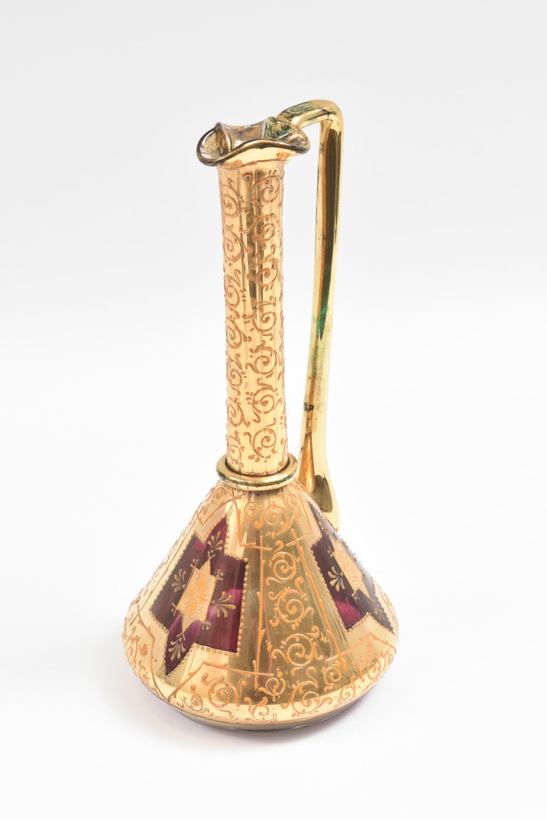 Antique Moser Ruby and Gilt Encrusted Wine Decanter, 19th Century