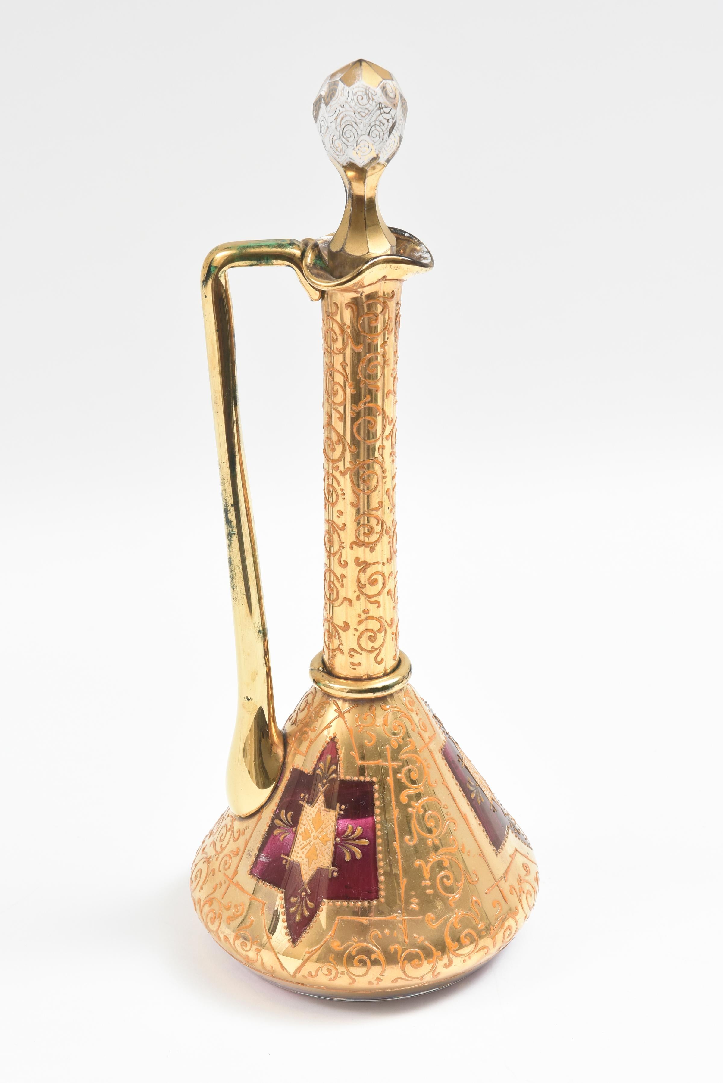Antique Moser Ruby & Gilt Encrusted Wine Decanter, 19th Century Original Stopper In Good Condition In West Palm Beach, FL