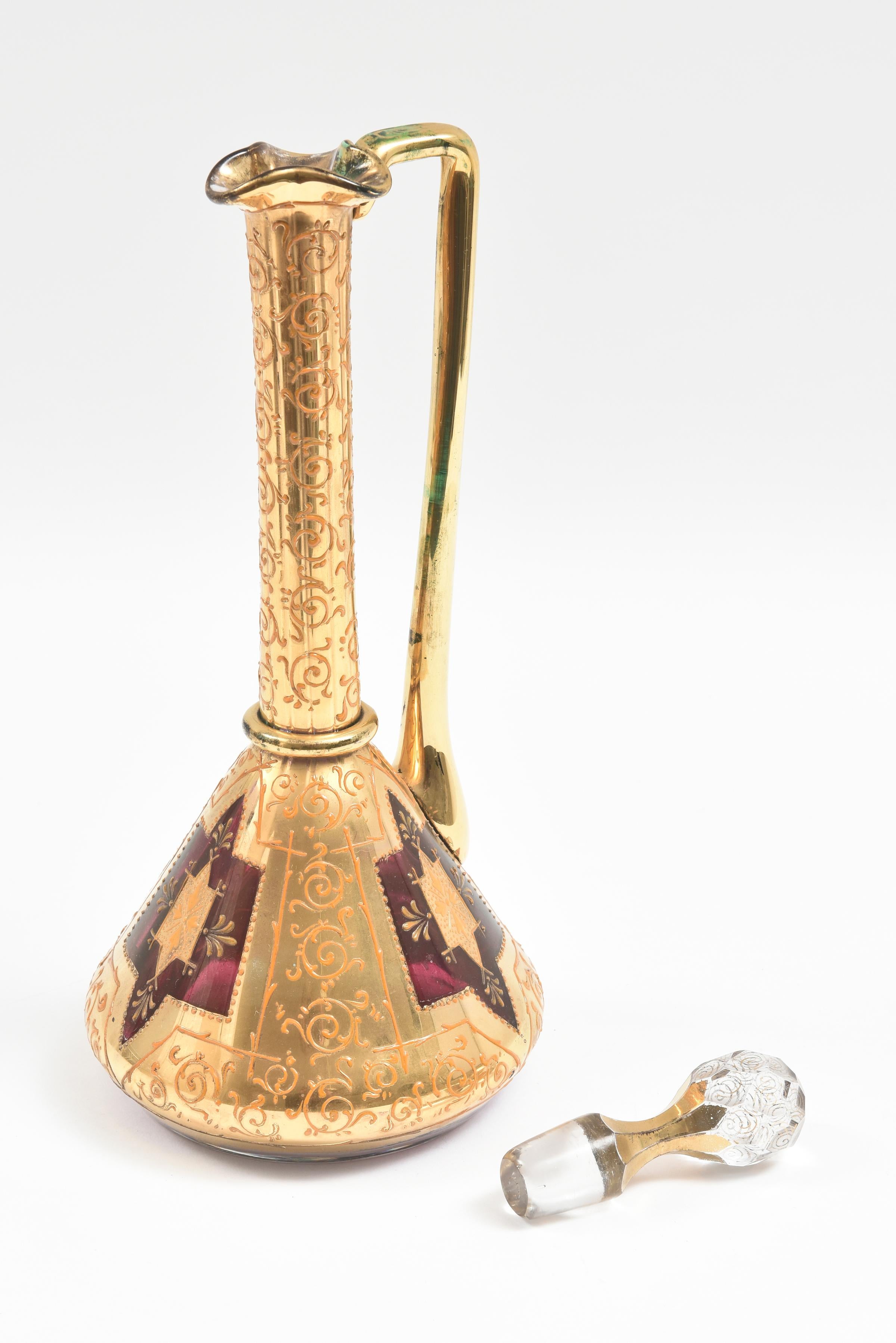 Gold Antique Moser Ruby & Gilt Encrusted Wine Decanter, 19th Century Original Stopper