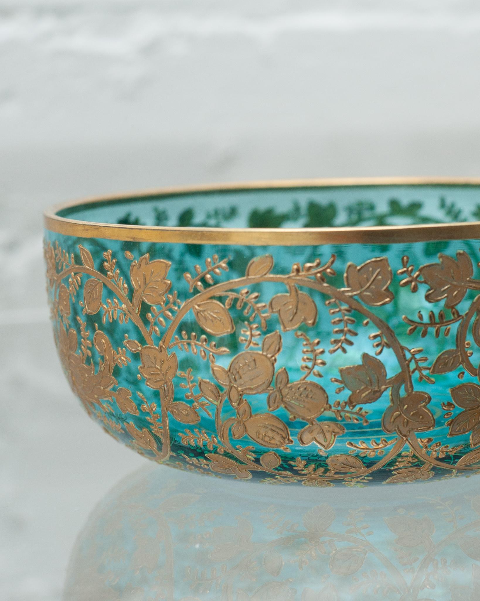 Gilt Antique Moser Turquoise Crystal Bowl with Heavy Floral Gilding For Sale