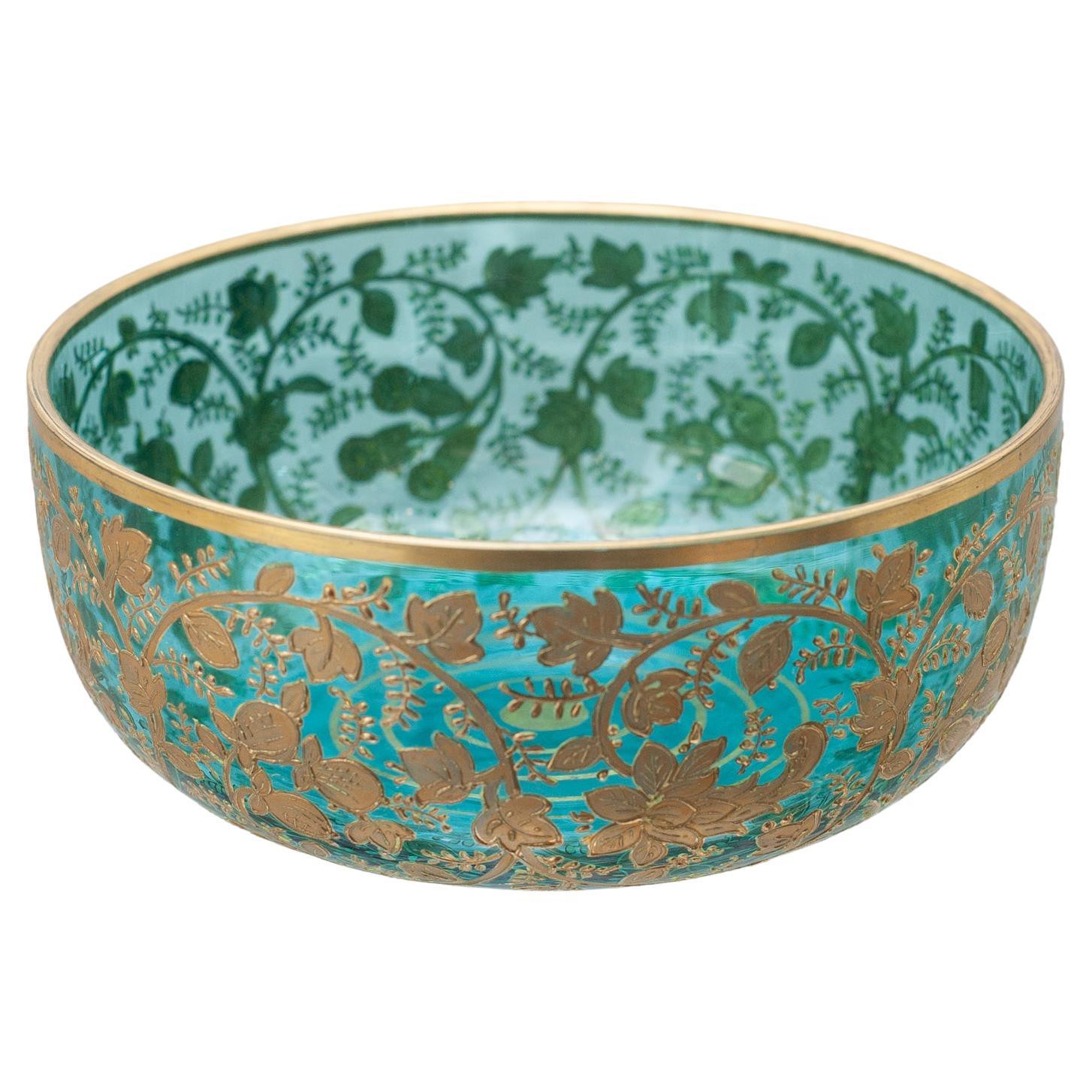 Antique Moser Turquoise Crystal Bowl with Heavy Floral Gilding For Sale