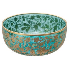 Antique Moser Turquoise Crystal Bowl with Heavy Floral Gilding