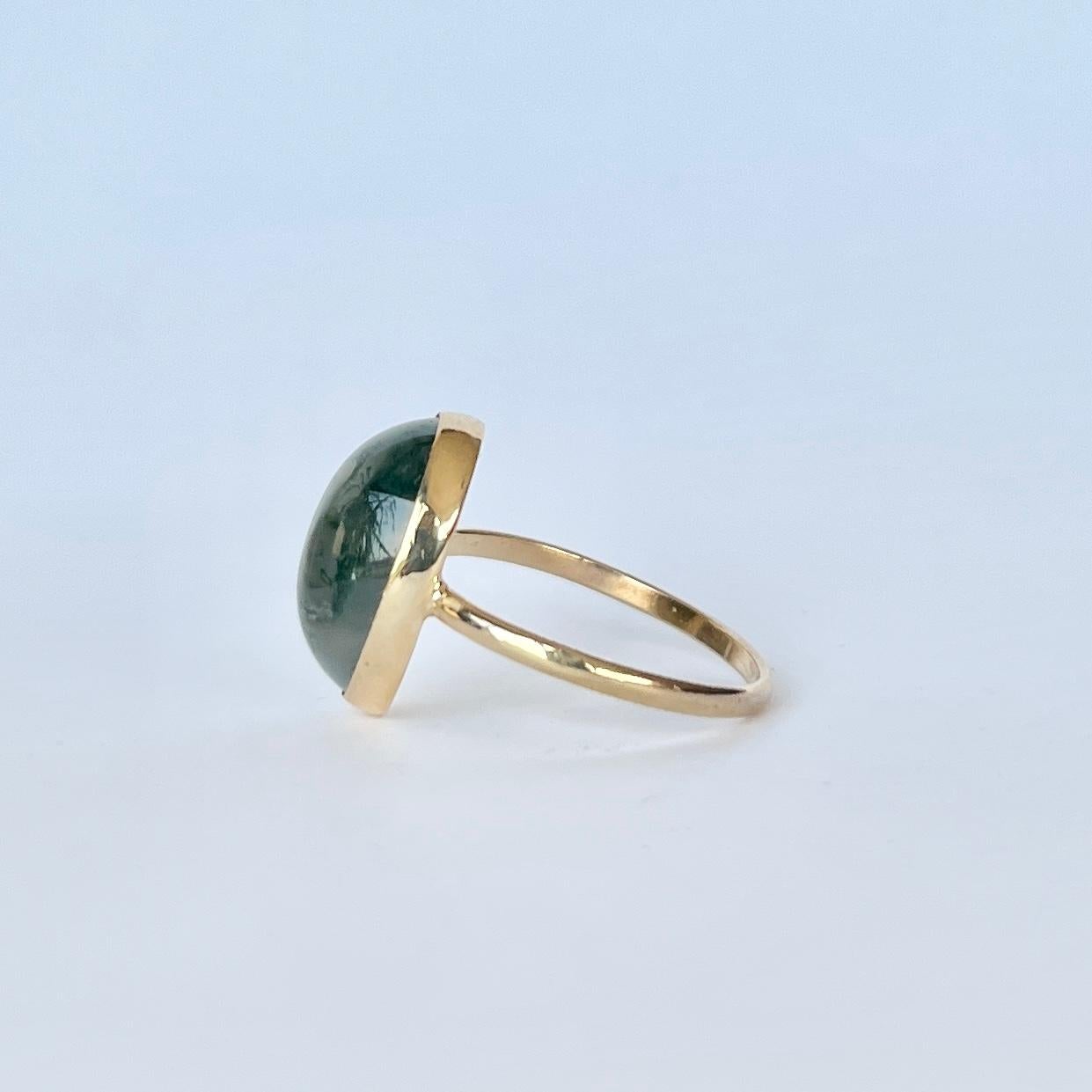 Cabochon Antique Moss Agate and 9 Carat Gold Ring