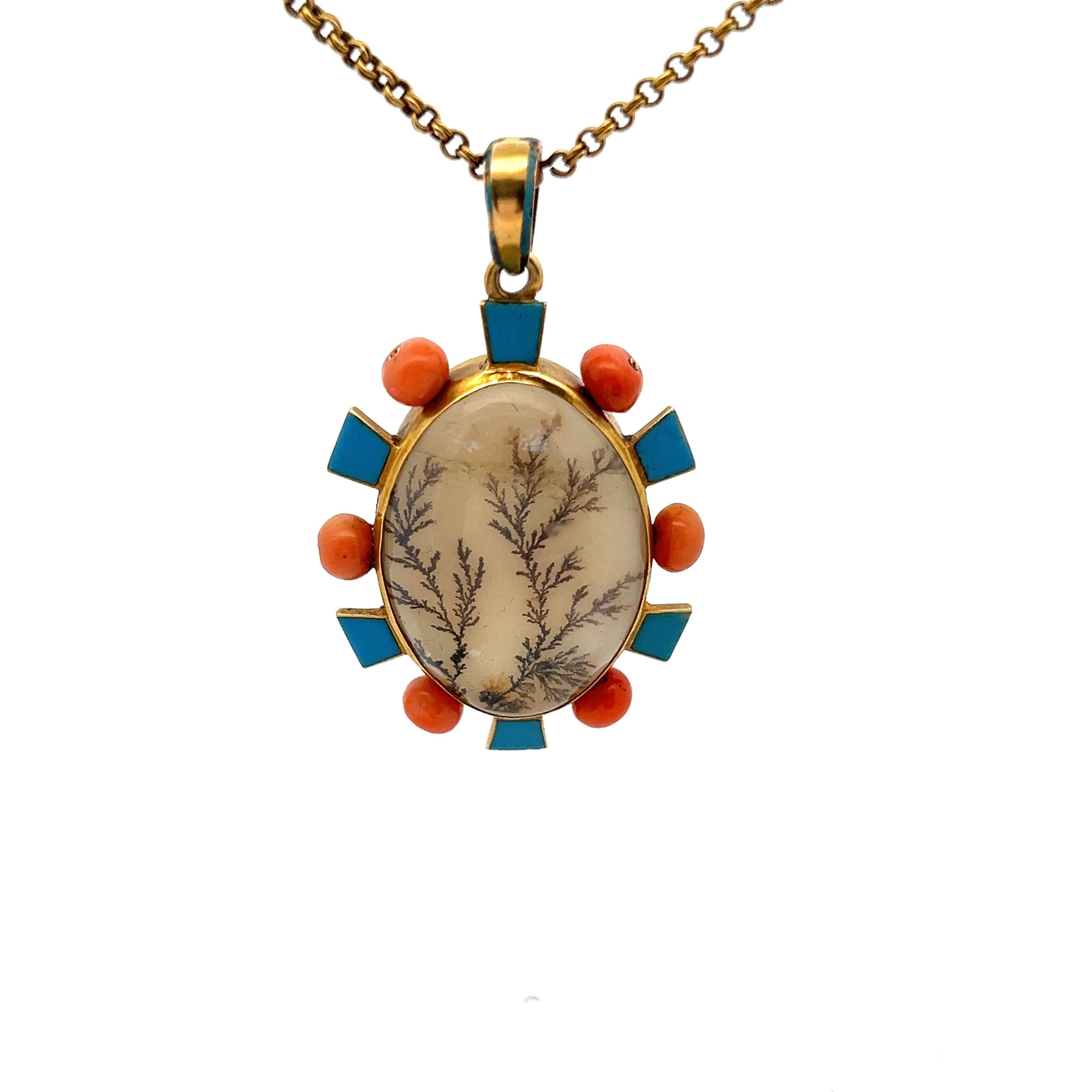 Antique Moss Agate and Coral Pendant Necklace For Sale 2