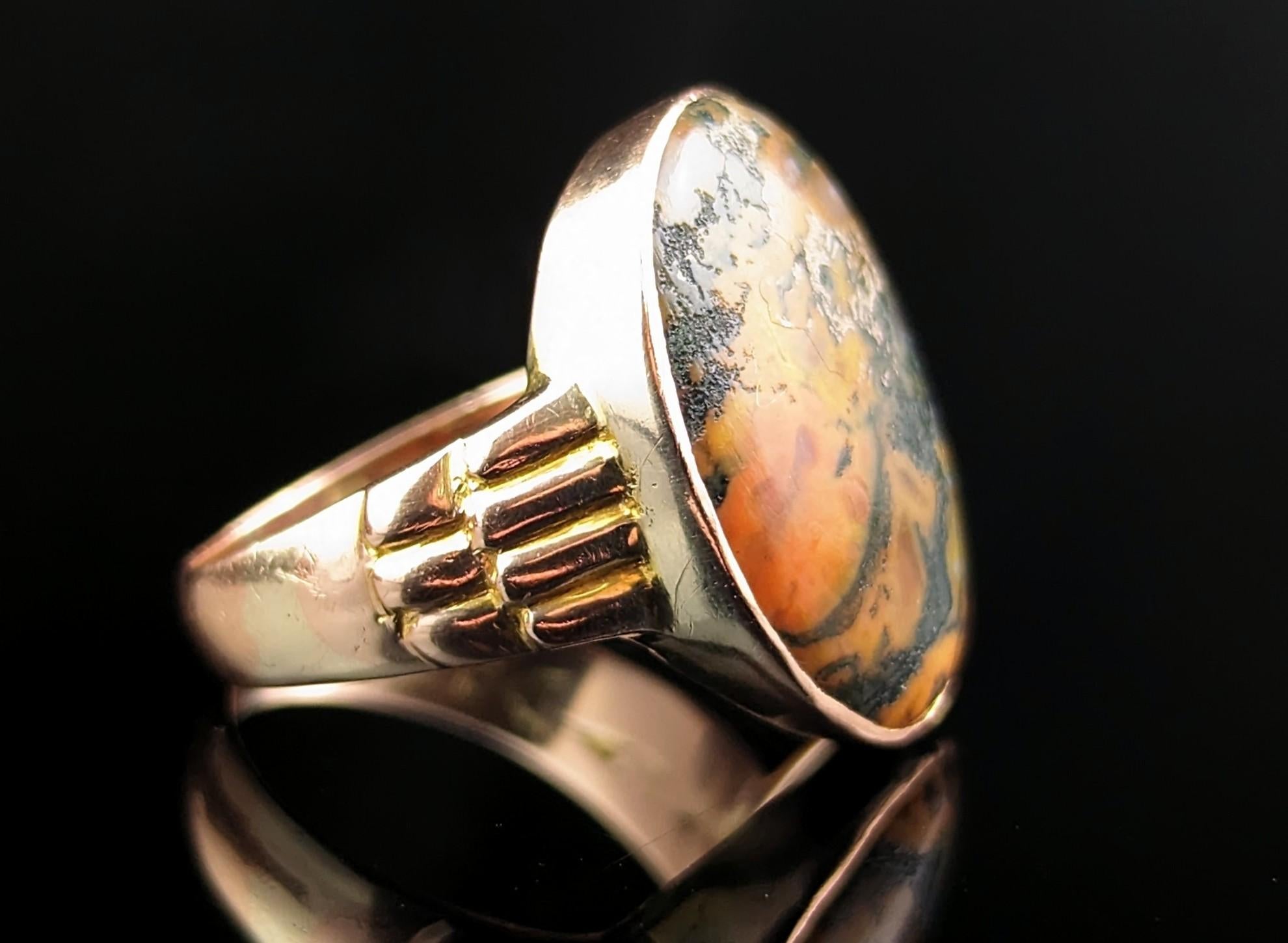 Oval Cut Antique Moss Agate Signet Ring, 9k Rose Gold