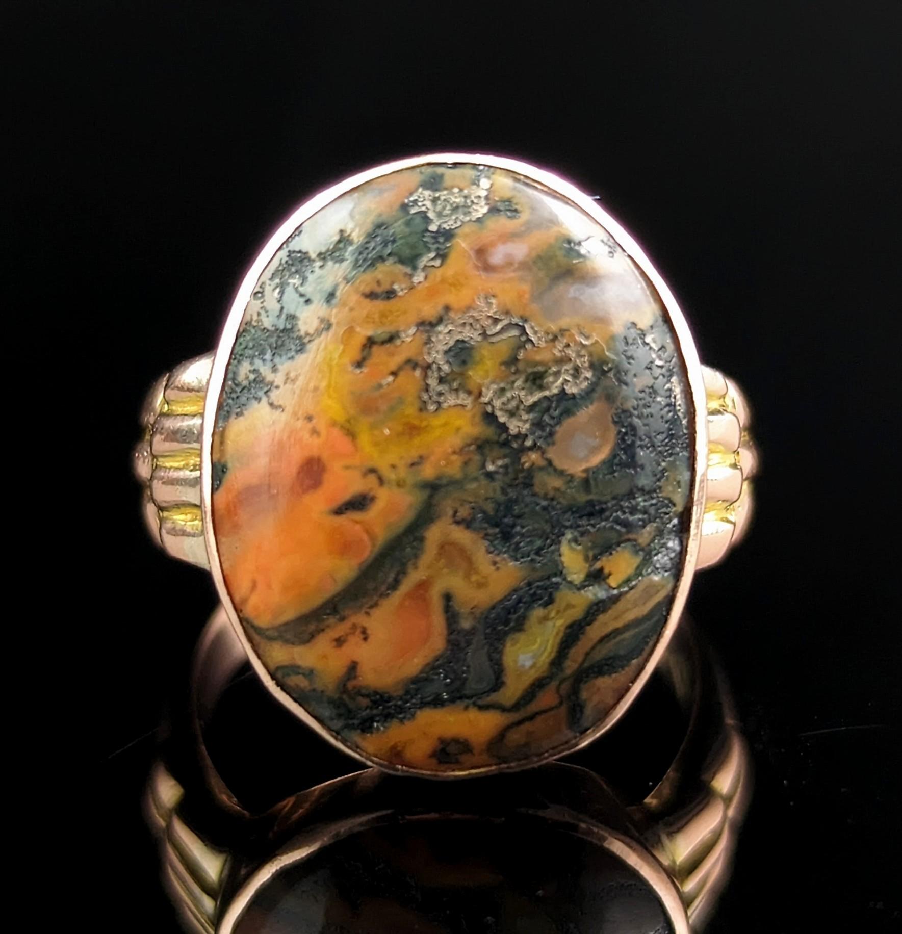 Antique Moss Agate Signet Ring, 9k Rose Gold In Fair Condition In NEWARK, GB