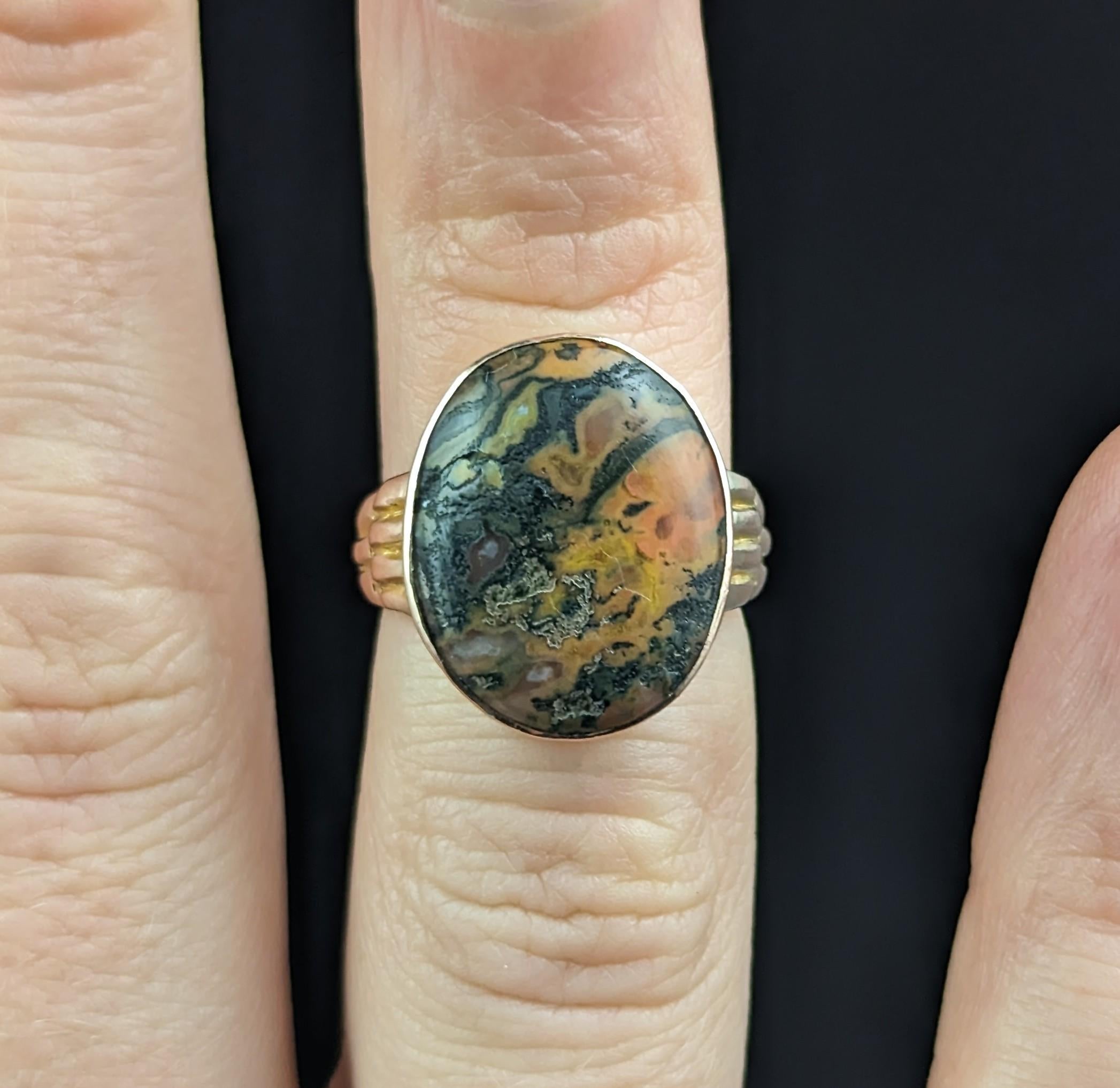 Women's or Men's Antique Moss Agate Signet Ring, 9k Rose Gold