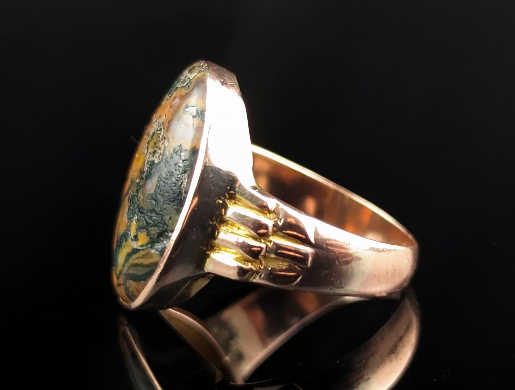 Antique Moss Agate Signet Ring, 9k Rose Gold 3