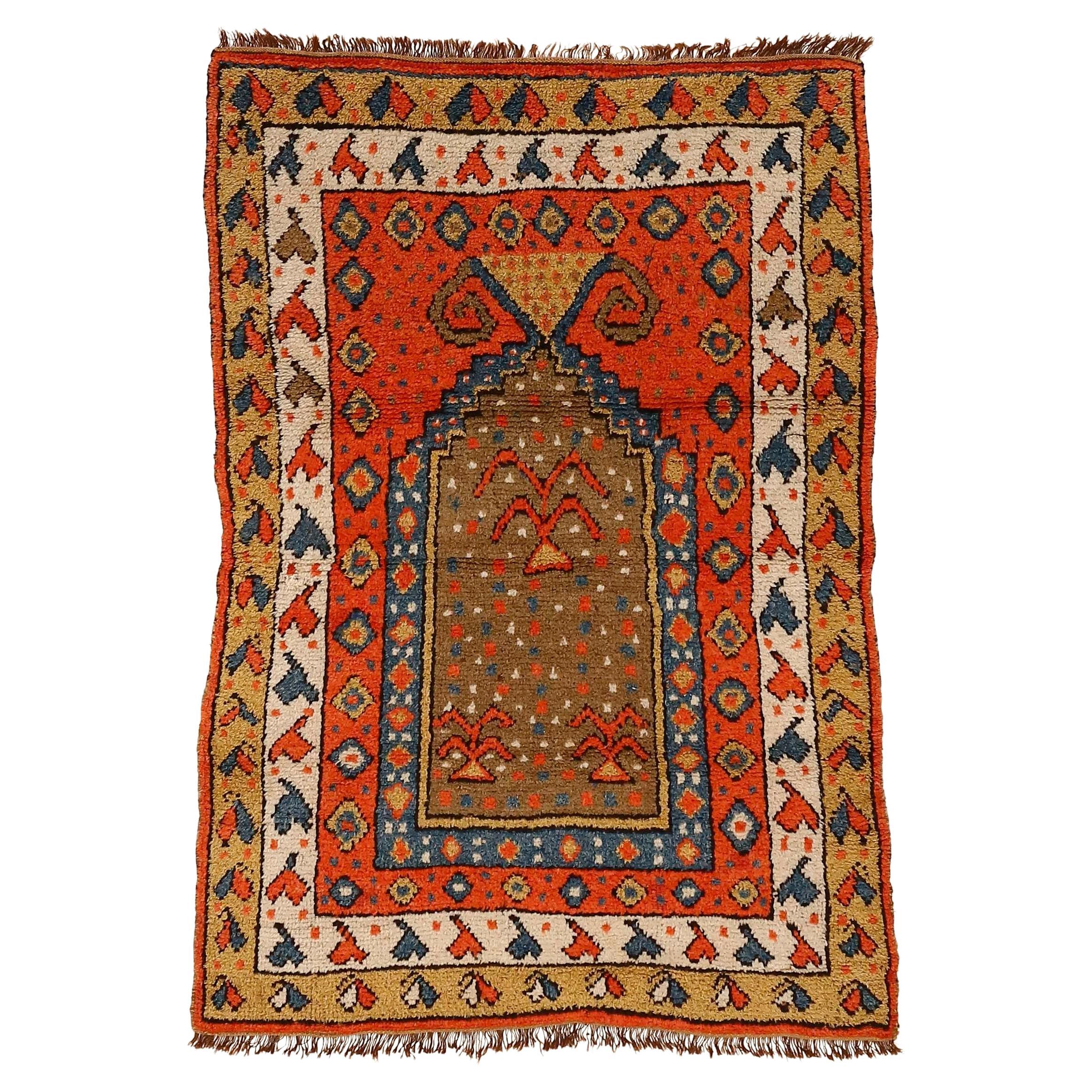 Antique Moss Green Turkish Prayer Rug with Hearts Border  For Sale