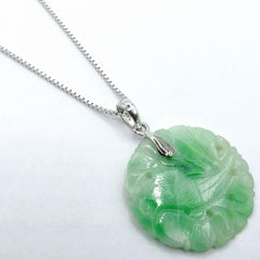 Antique Moss‑in‑Snow Jadeite Carved Bird Disc Pendant c.1900 in 18K White Gold