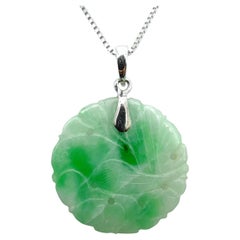 Antique Moss‑in‑Snow Jadeite Carved Bird Disc Pendant c.1900 in 18K White Gold