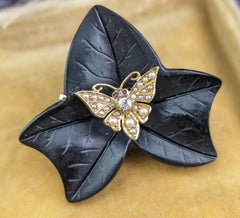 Antique Moth and Ivy leaf mourning brooch, Whitby Jet, 15k gold, Diamond, Pearl