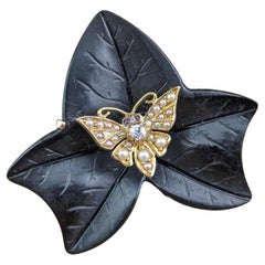 Antique Moth and Ivy leaf mourning brooch, Whitby Jet, 15k gold, Diamond, Pearl 