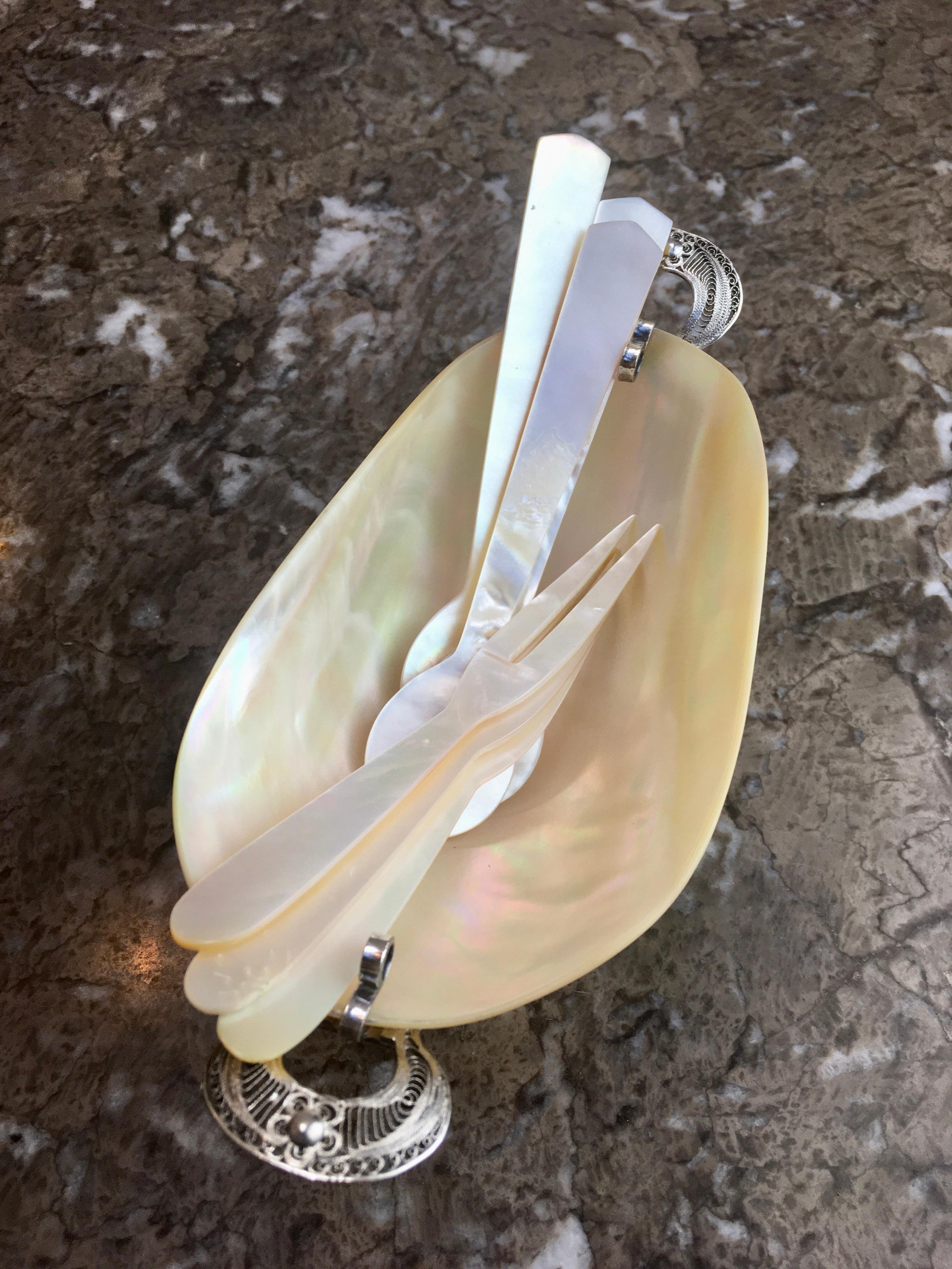 Antique Mother-of-Pearl and Indian Silver Filigree Caviar Service with Spoons 2