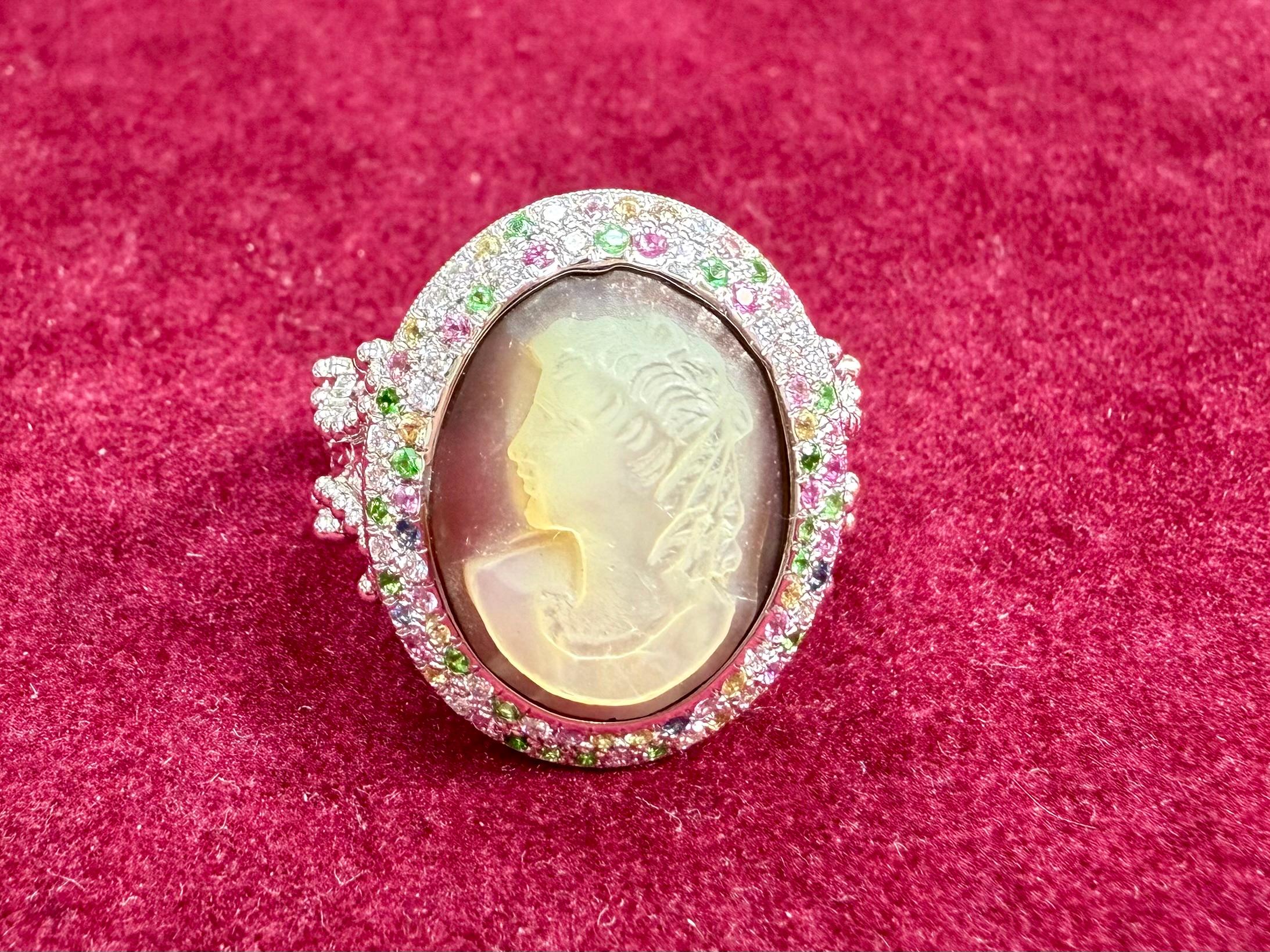 Antique Mother Of Pearl Cameo, Diamonds, Sapphires & Tsavorite Cocktail Ring. For Sale 5