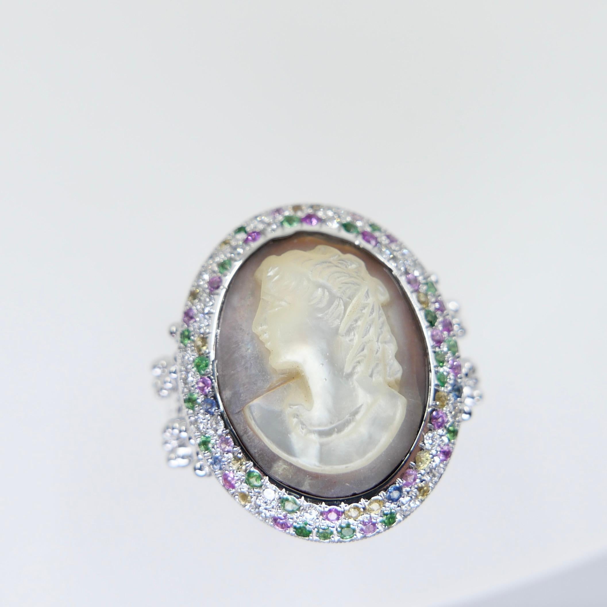 Antique Mother Of Pearl Cameo, Diamonds, Sapphires & Tsavorite Cocktail Ring. For Sale 6