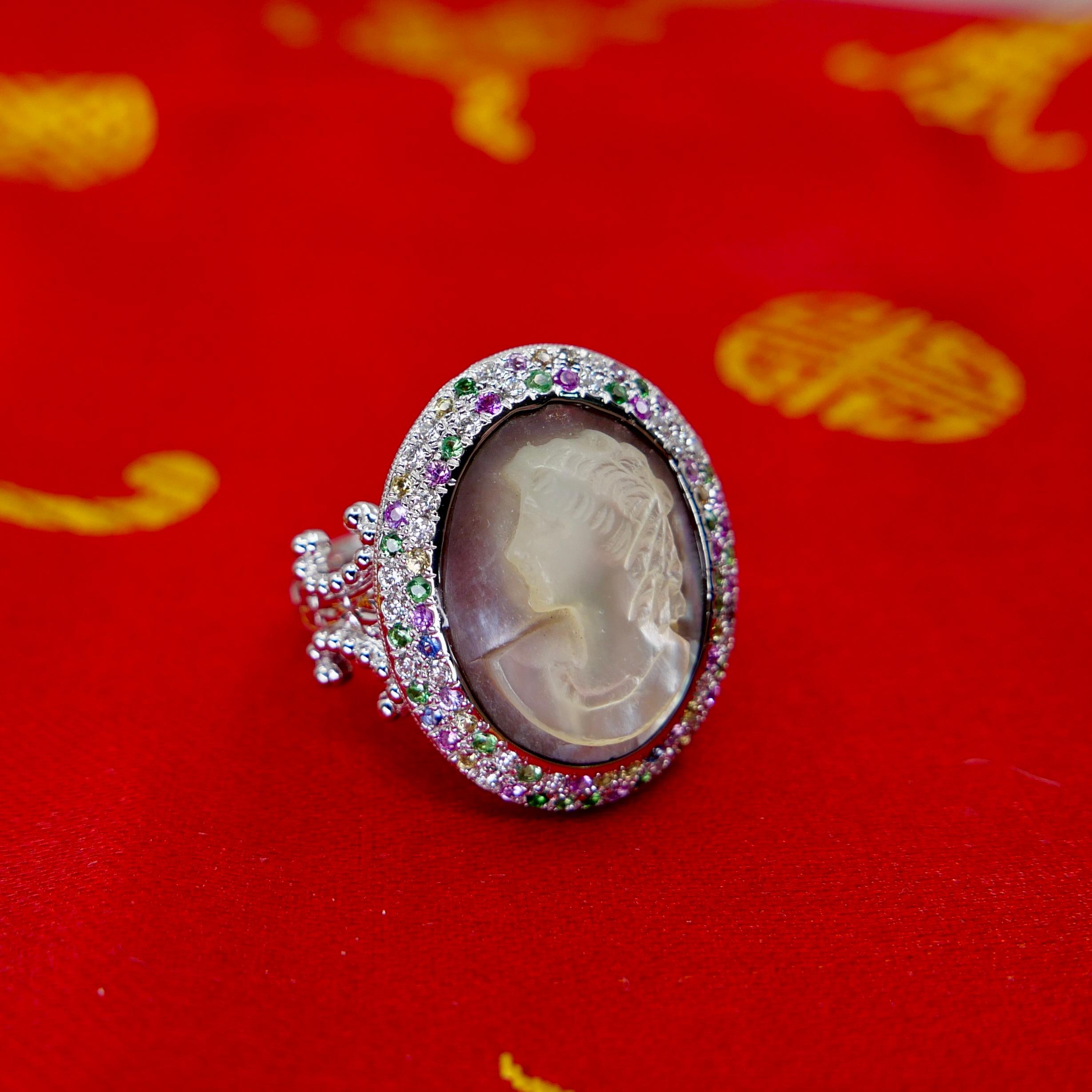 Antique Mother Of Pearl Cameo, Diamonds, Sapphires & Tsavorite Cocktail Ring. For Sale 8