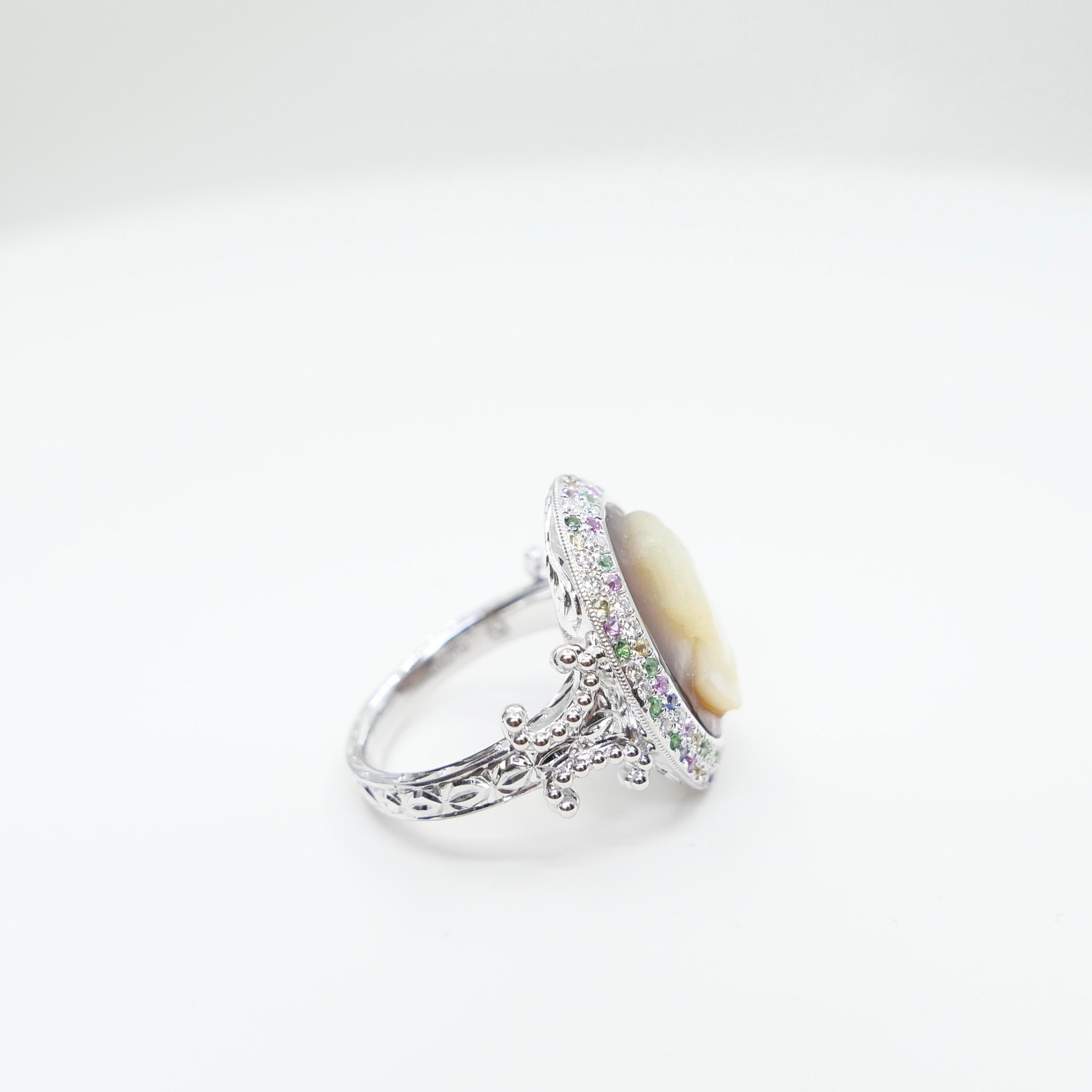 Antique Mother Of Pearl Cameo, Diamonds, Sapphires & Tsavorite Cocktail Ring. For Sale 9