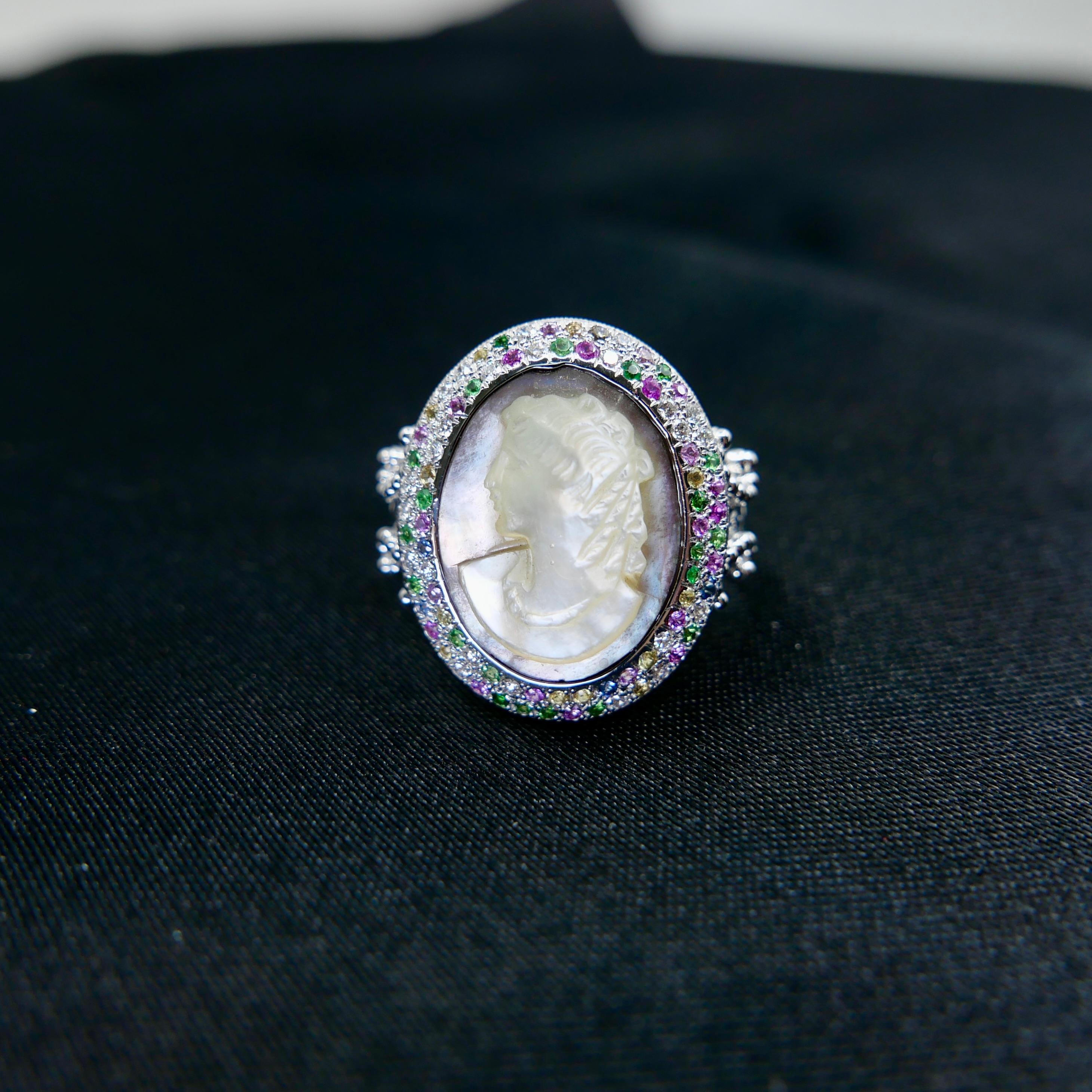 Antique Mother Of Pearl Cameo, Diamonds, Sapphires & Tsavorite Cocktail Ring. For Sale 10