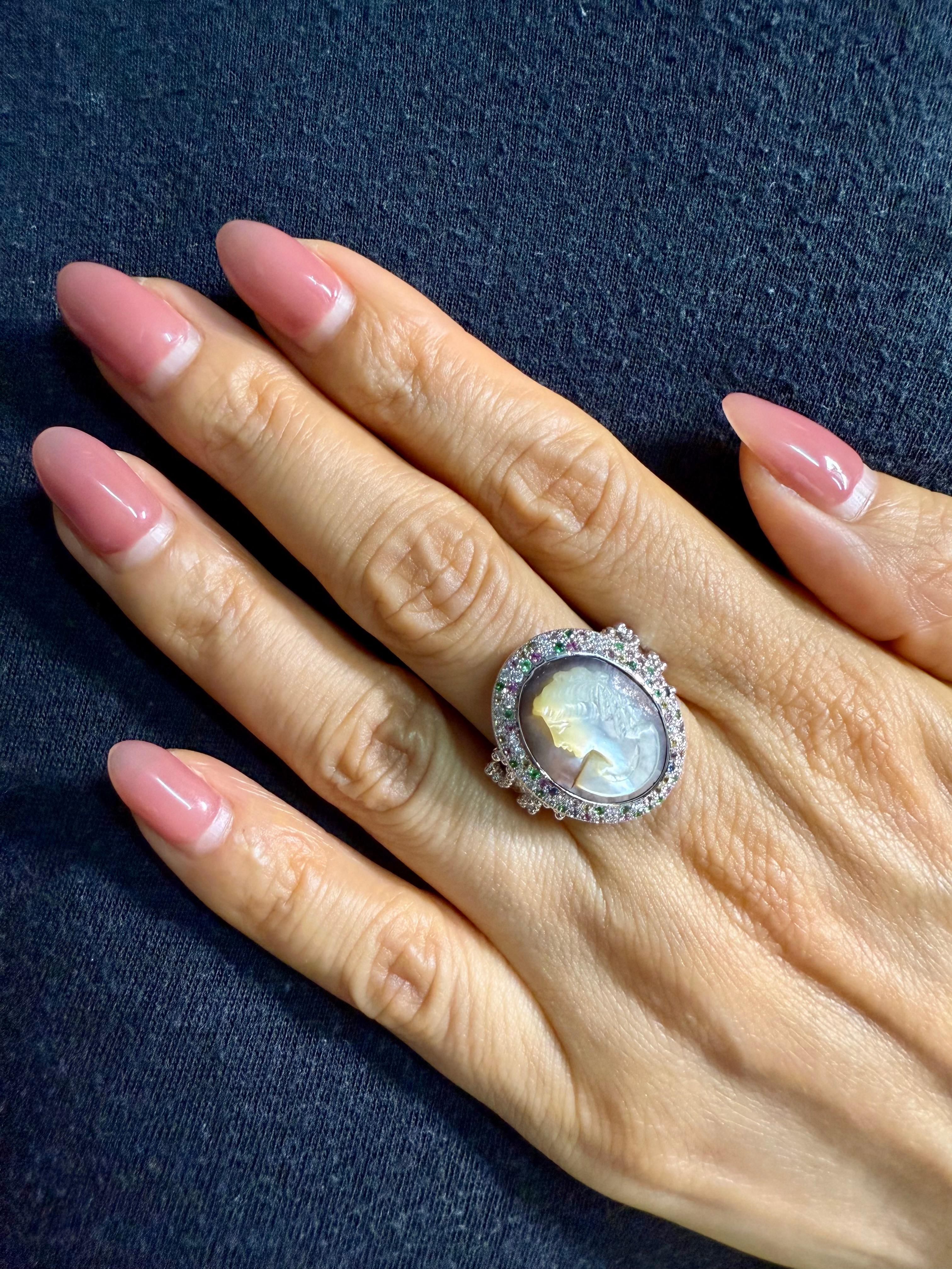 Antique Mother Of Pearl Cameo, Diamonds, Sapphires & Tsavorite Cocktail Ring. For Sale 11