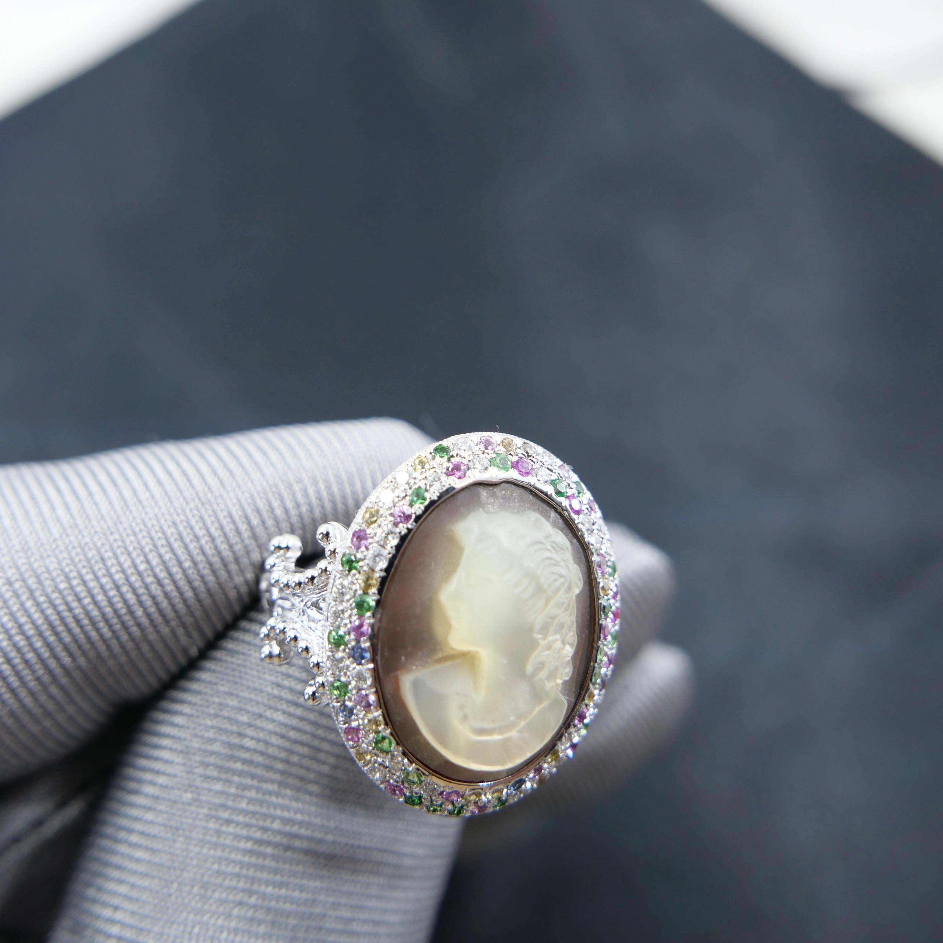 Antique Mother Of Pearl Cameo, Diamonds, Sapphires & Tsavorite Cocktail Ring. For Sale 12