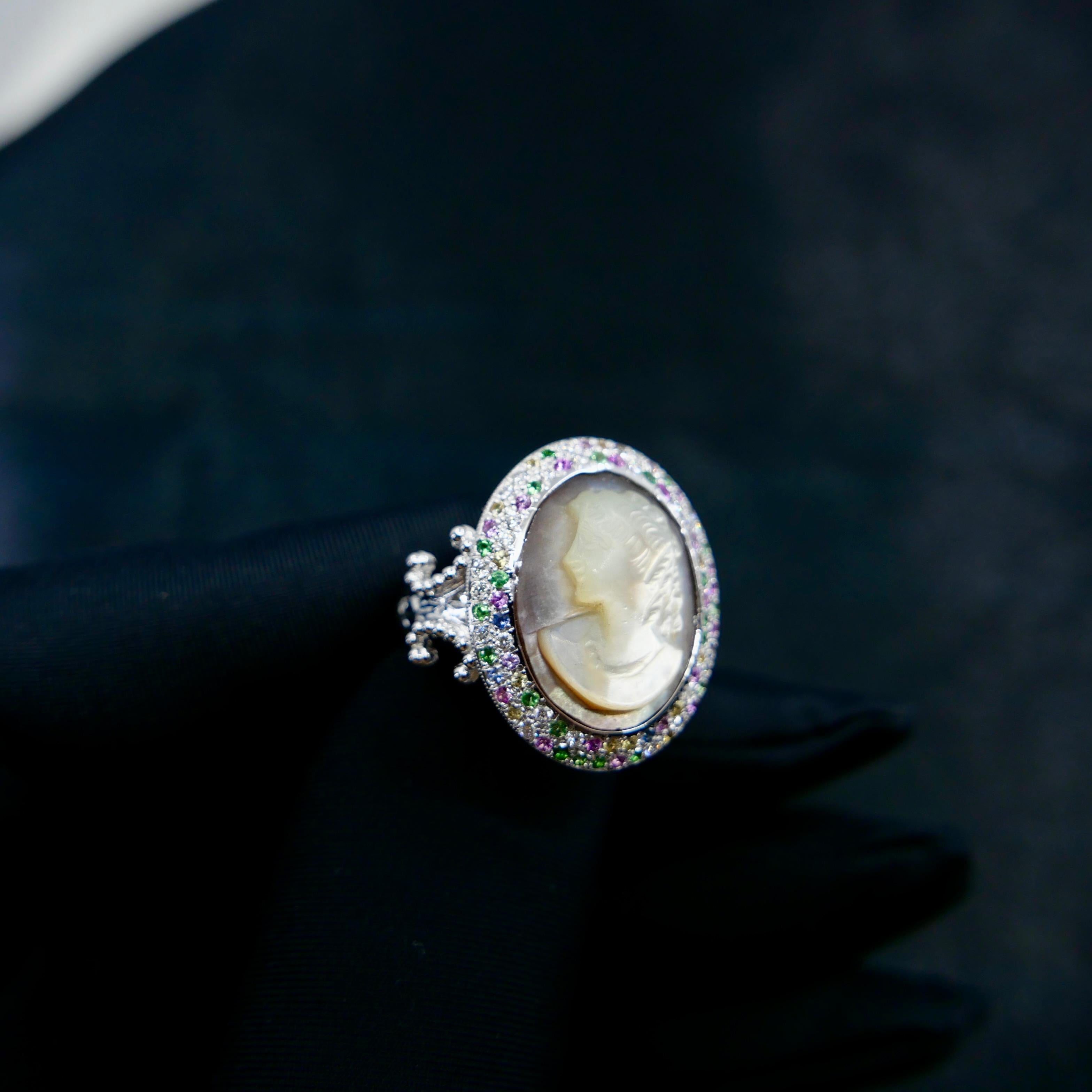Antique Mother Of Pearl Cameo, Diamonds, Sapphires & Tsavorite Cocktail Ring. For Sale 13