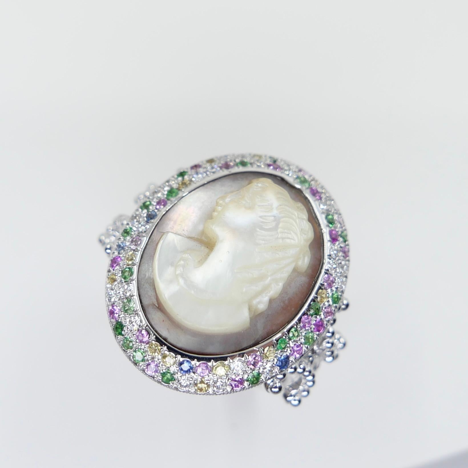 Antique Mother Of Pearl Cameo, Diamonds, Sapphires & Tsavorite Cocktail Ring. For Sale 14