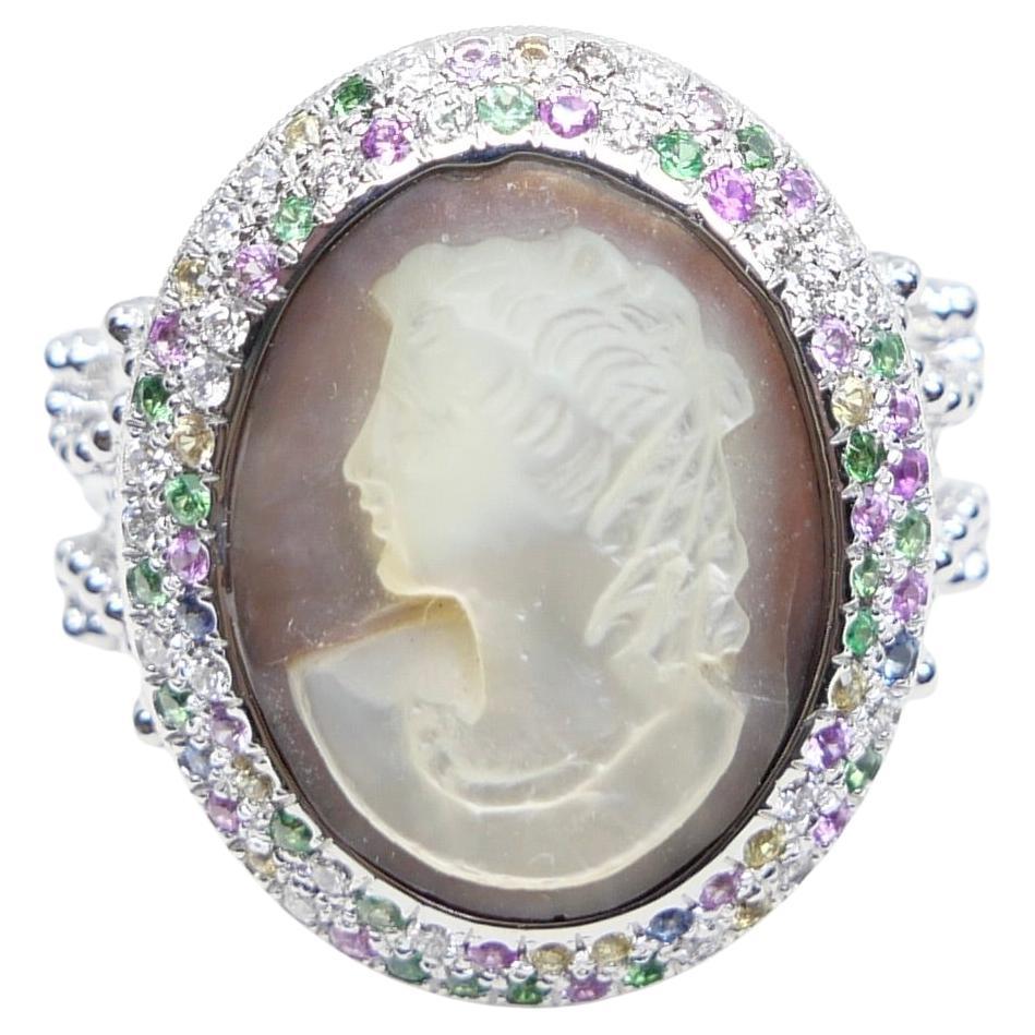 Cabochon Antique Mother Of Pearl Cameo, Diamonds, Sapphires & Tsavorite Cocktail Ring. For Sale