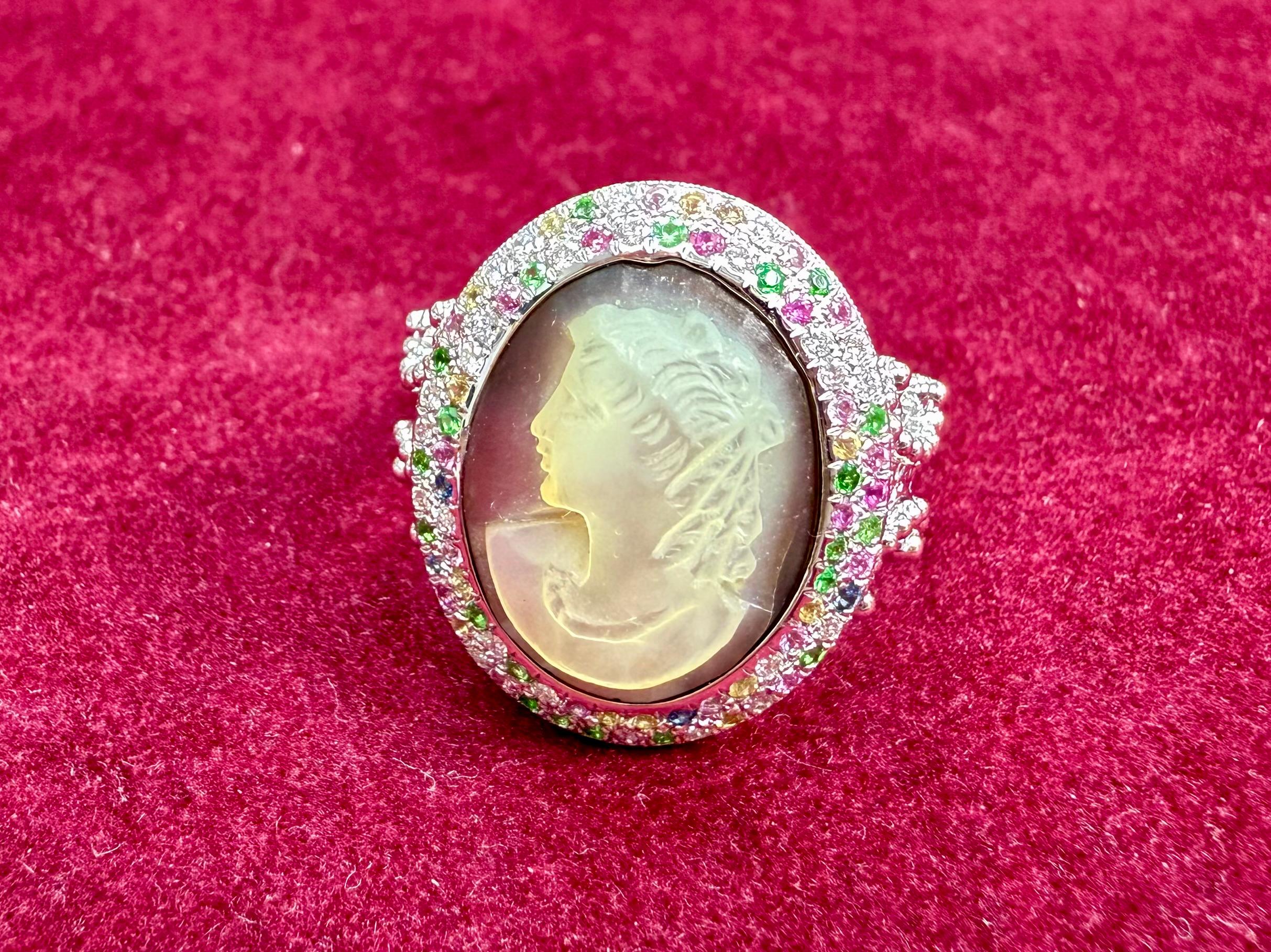 Antique Mother Of Pearl Cameo, Diamonds, Sapphires & Tsavorite Cocktail Ring. In New Condition For Sale In Hong Kong, HK