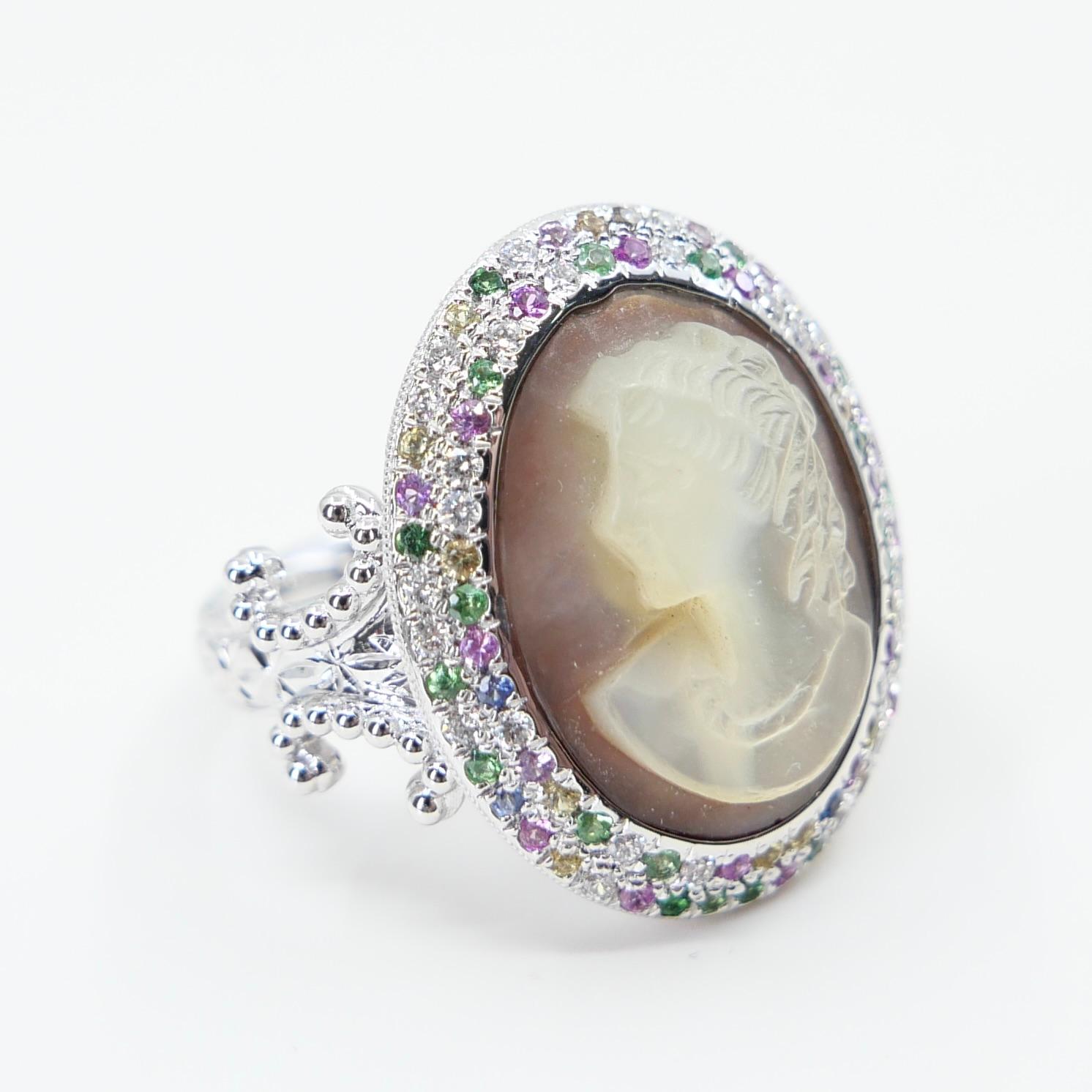 Women's Antique Mother Of Pearl Cameo, Diamonds, Sapphires & Tsavorite Cocktail Ring. For Sale