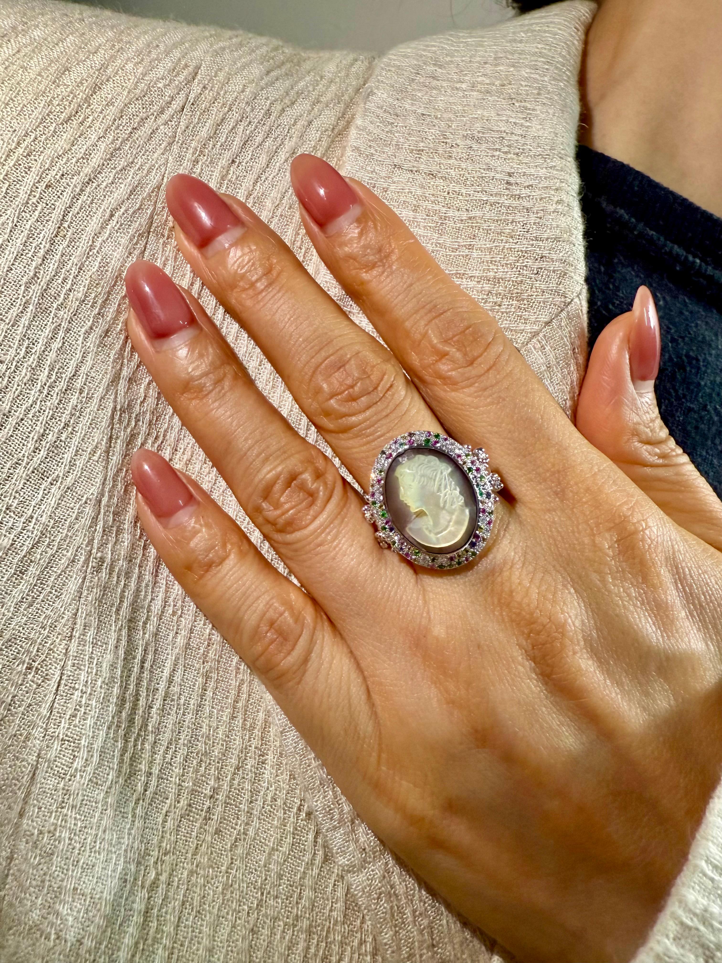 Antique Mother Of Pearl Cameo, Diamonds, Sapphires & Tsavorite Cocktail Ring. For Sale 1