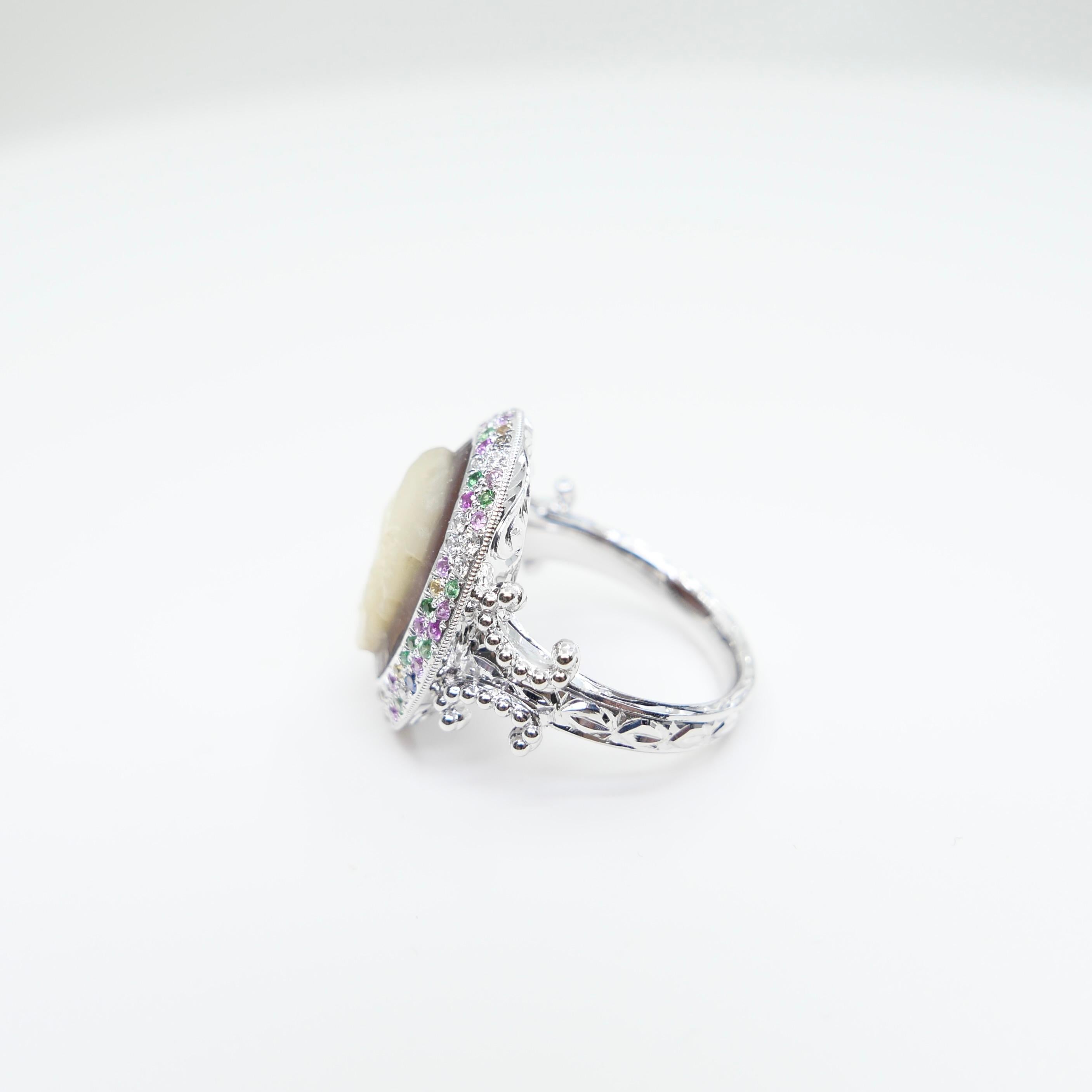 Antique Mother Of Pearl Cameo, Diamonds, Sapphires & Tsavorite Cocktail Ring. For Sale 2