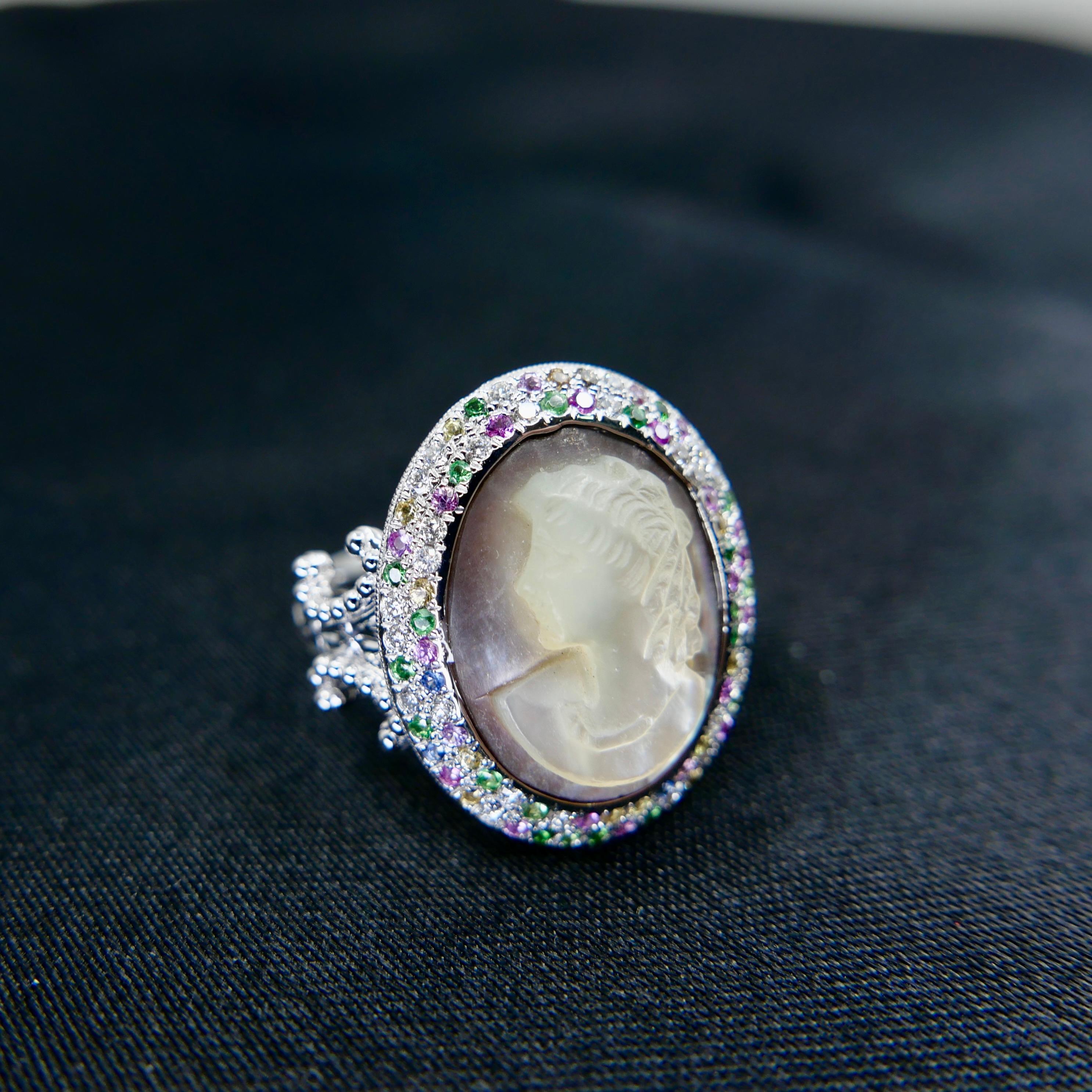 Antique Mother Of Pearl Cameo, Diamonds, Sapphires & Tsavorite Cocktail Ring. For Sale 3