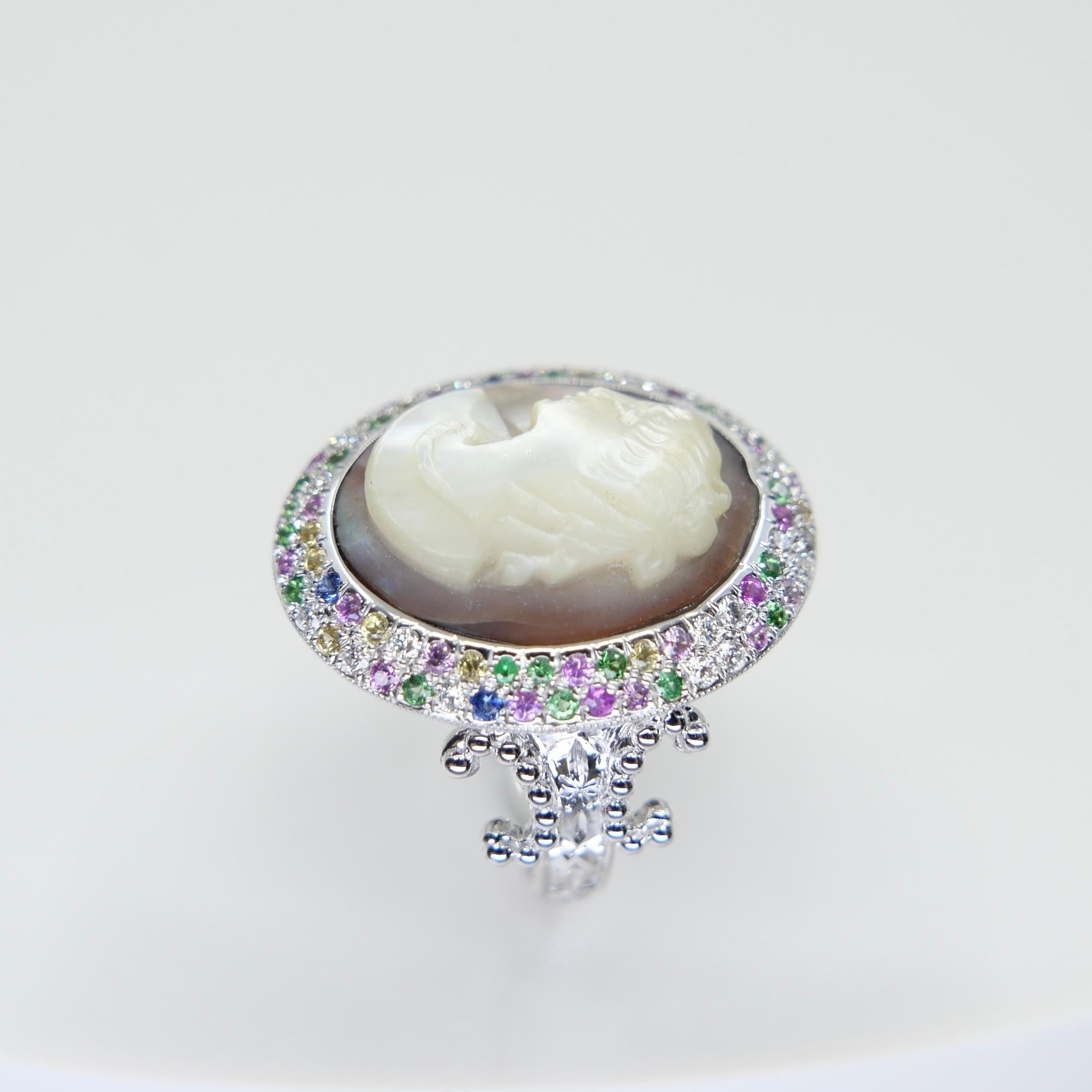 Antique Mother Of Pearl Cameo, Diamonds, Sapphires & Tsavorite Cocktail Ring. For Sale 4
