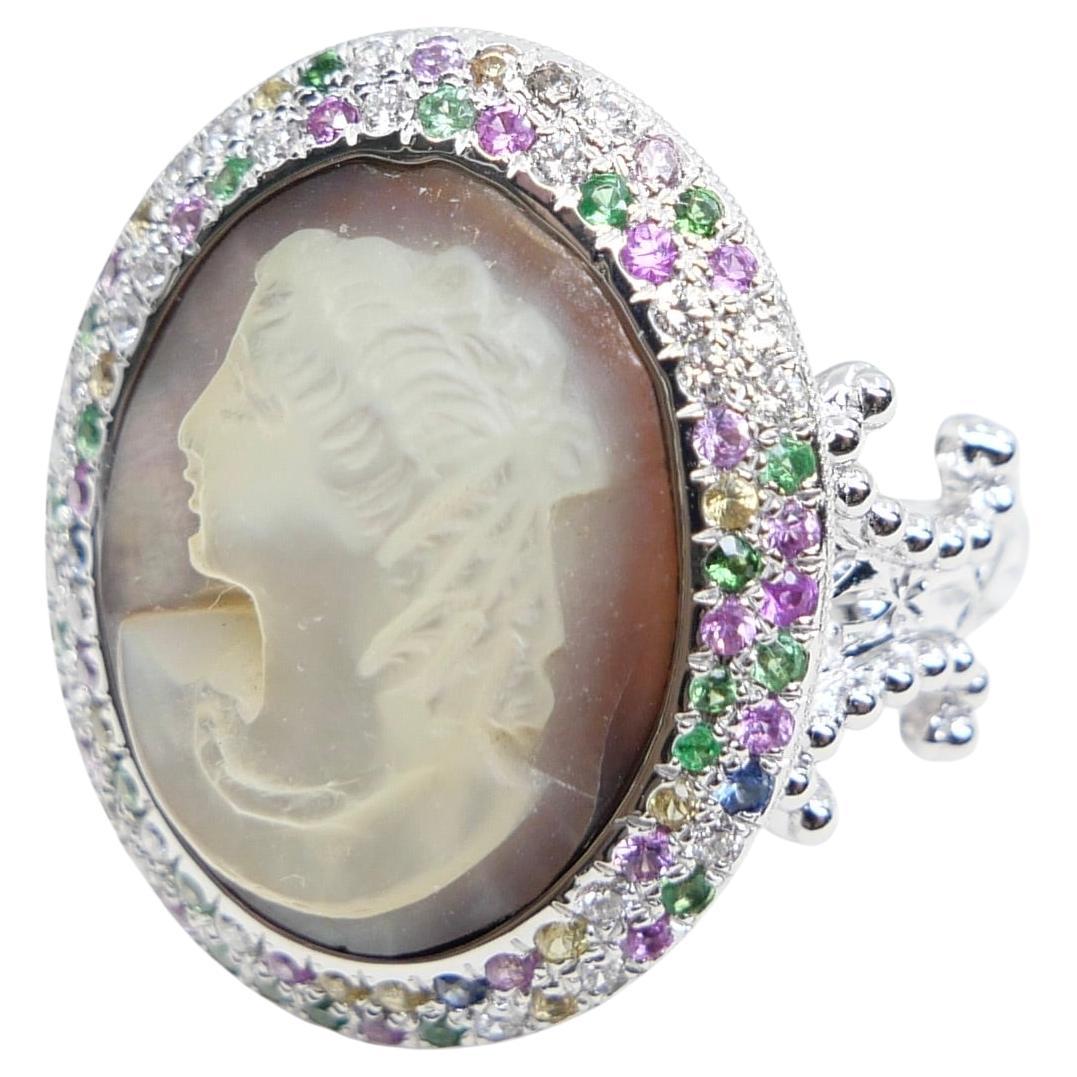 Antique Mother Of Pearl Cameo, Diamonds, Sapphires & Tsavorite Cocktail Ring.