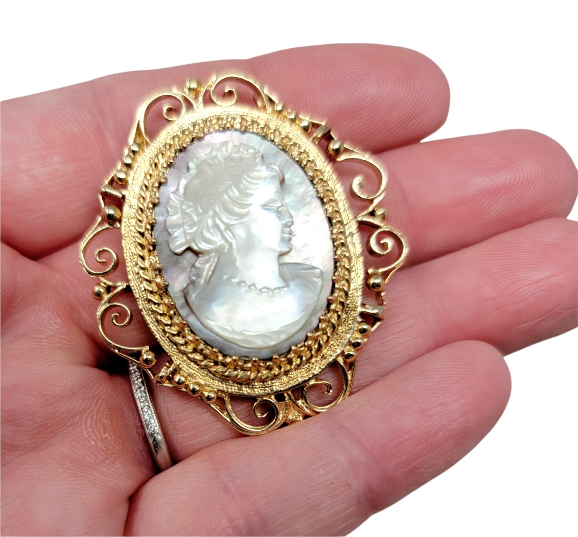 Antique Mother of Pearl Carved Cameo Brooch / Pendant in 14 Karat Yellow Gold 2