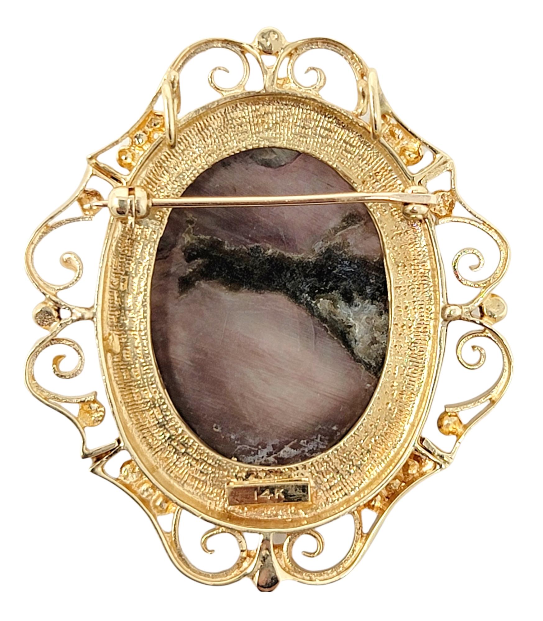 Portrait Cut Antique Mother of Pearl Carved Cameo Brooch / Pendant in 14 Karat Yellow Gold