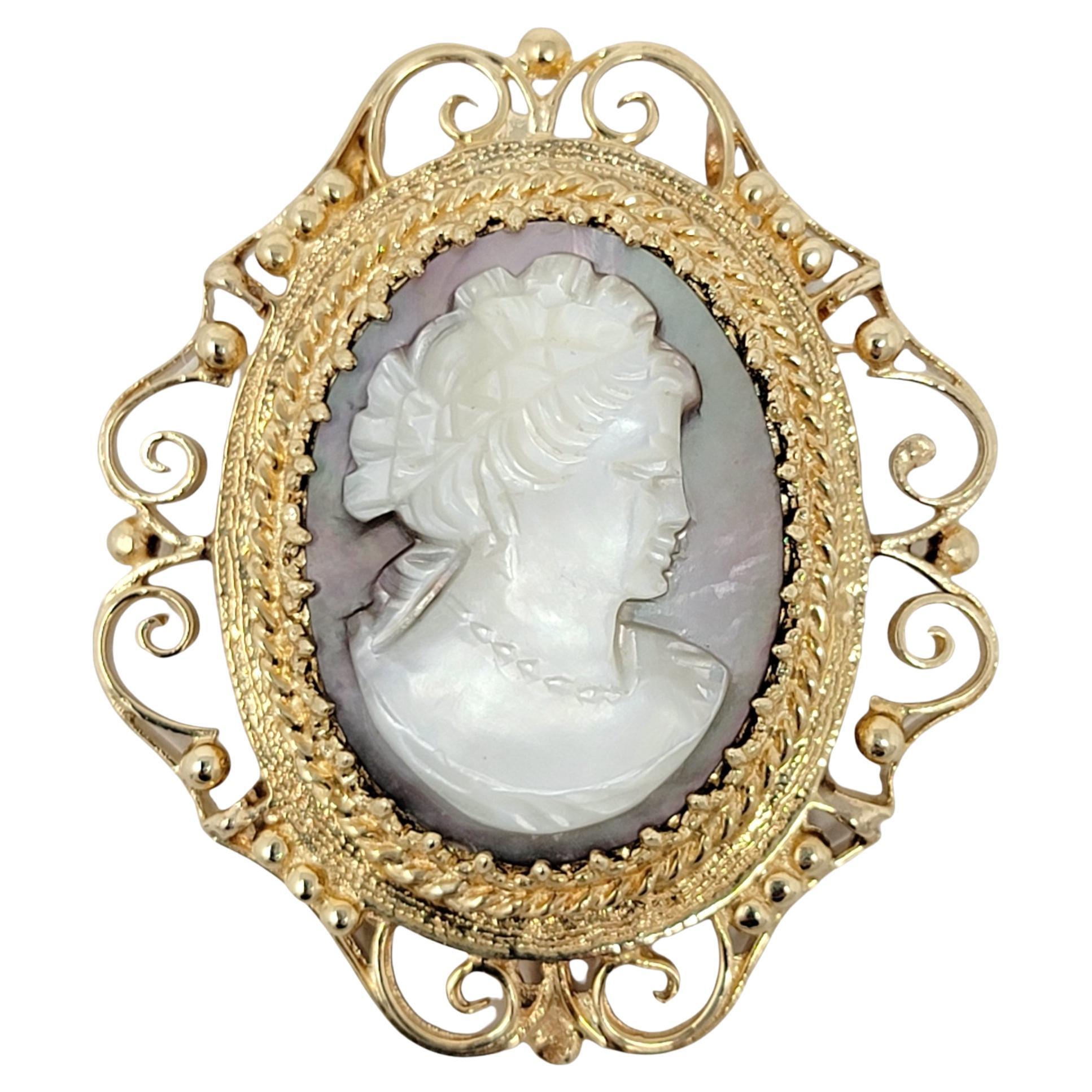 Antique Mother of Pearl Carved Cameo Brooch / Pendant in 14 Karat Yellow Gold