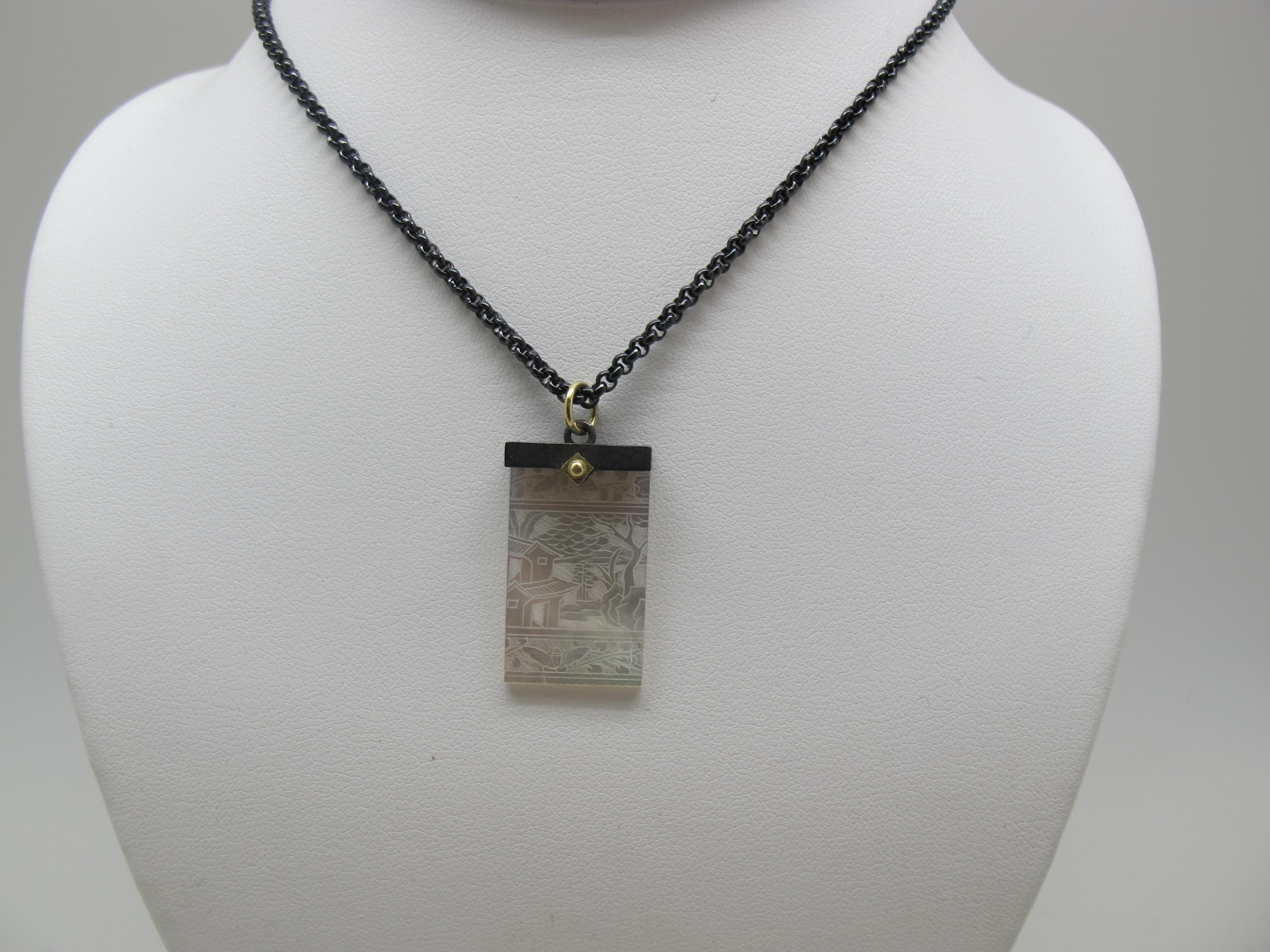 Antique Mother of Pearl Gambling Chip, Gold/Blackened Silver Pendant Necklace 3