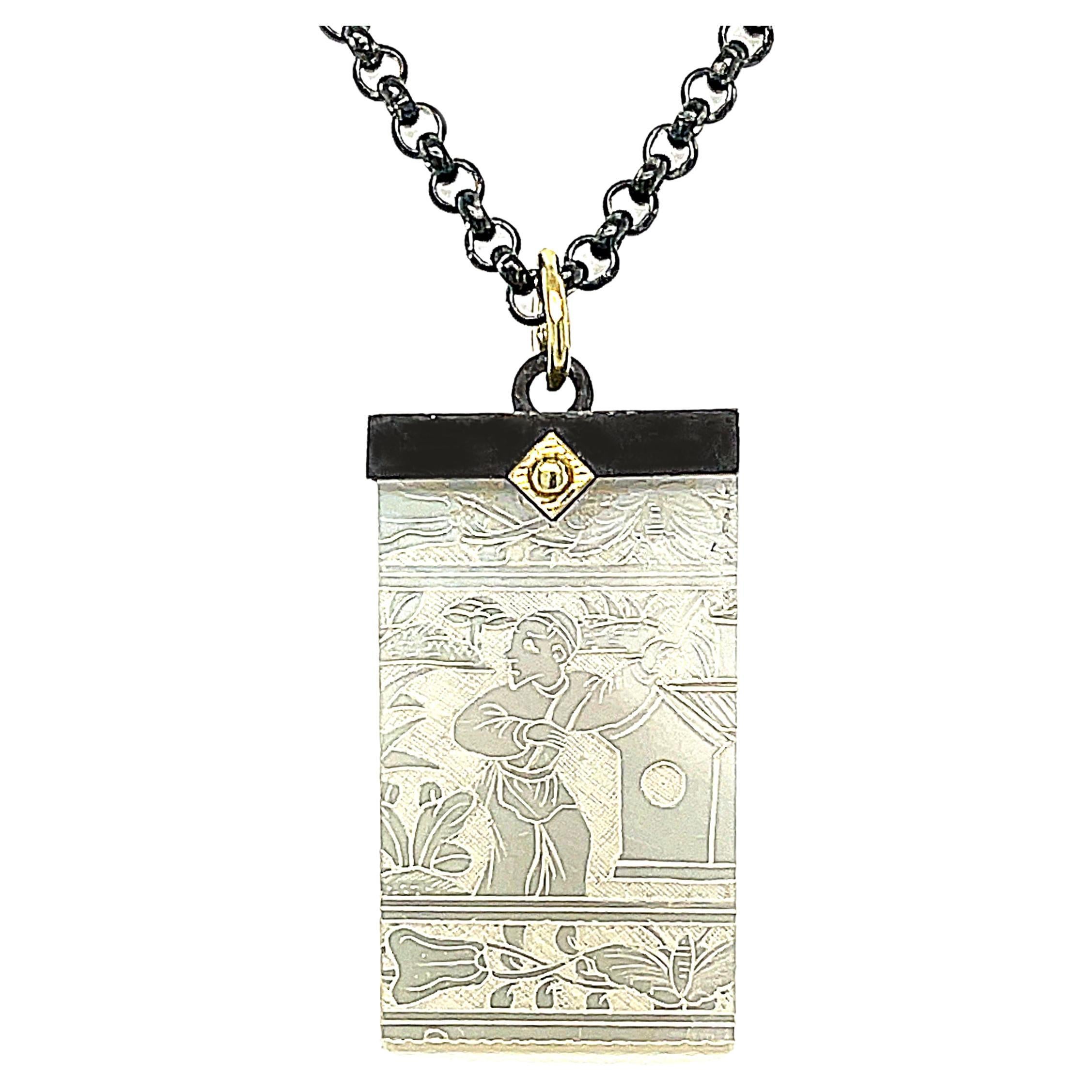 Antique Mother of Pearl Gaming Counter Necklace with Gold and Blackened Silver For Sale
