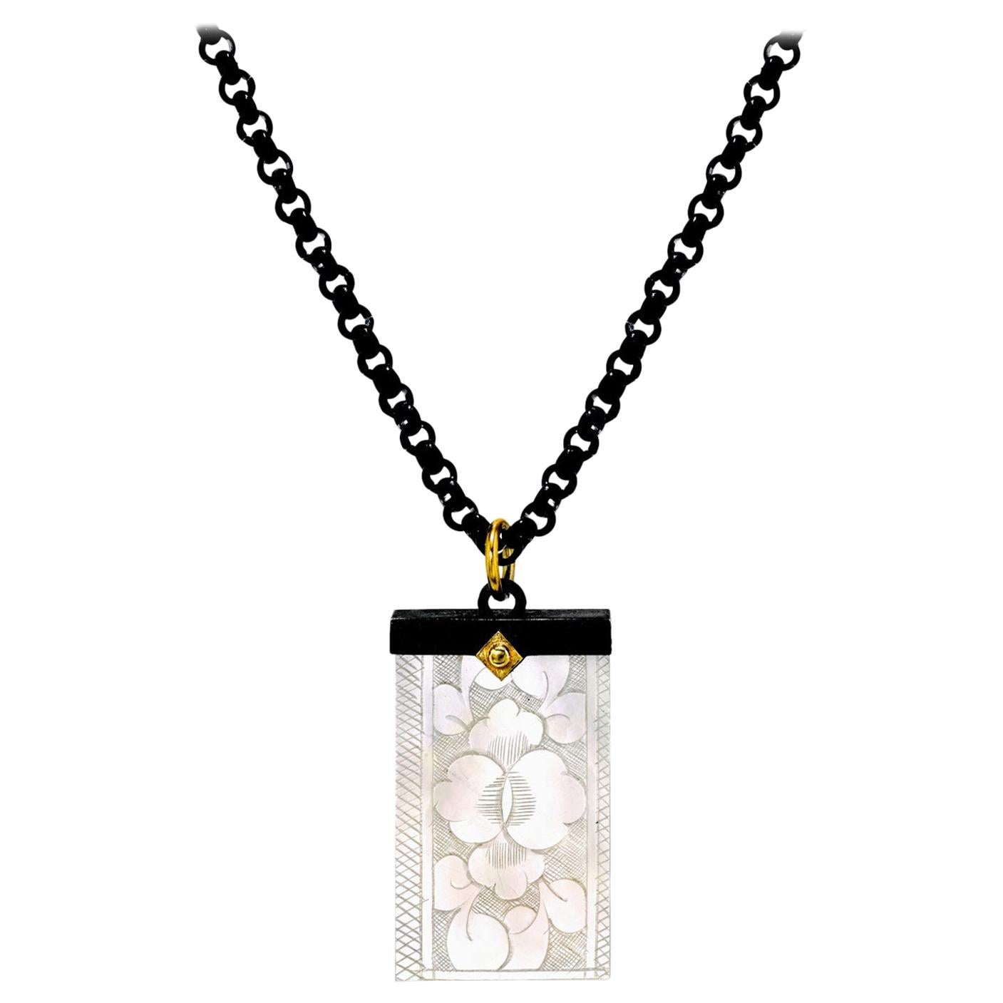 Antique Mother of Pearl Gambling Chip, Gold/Blackened Silver Pendant Necklace