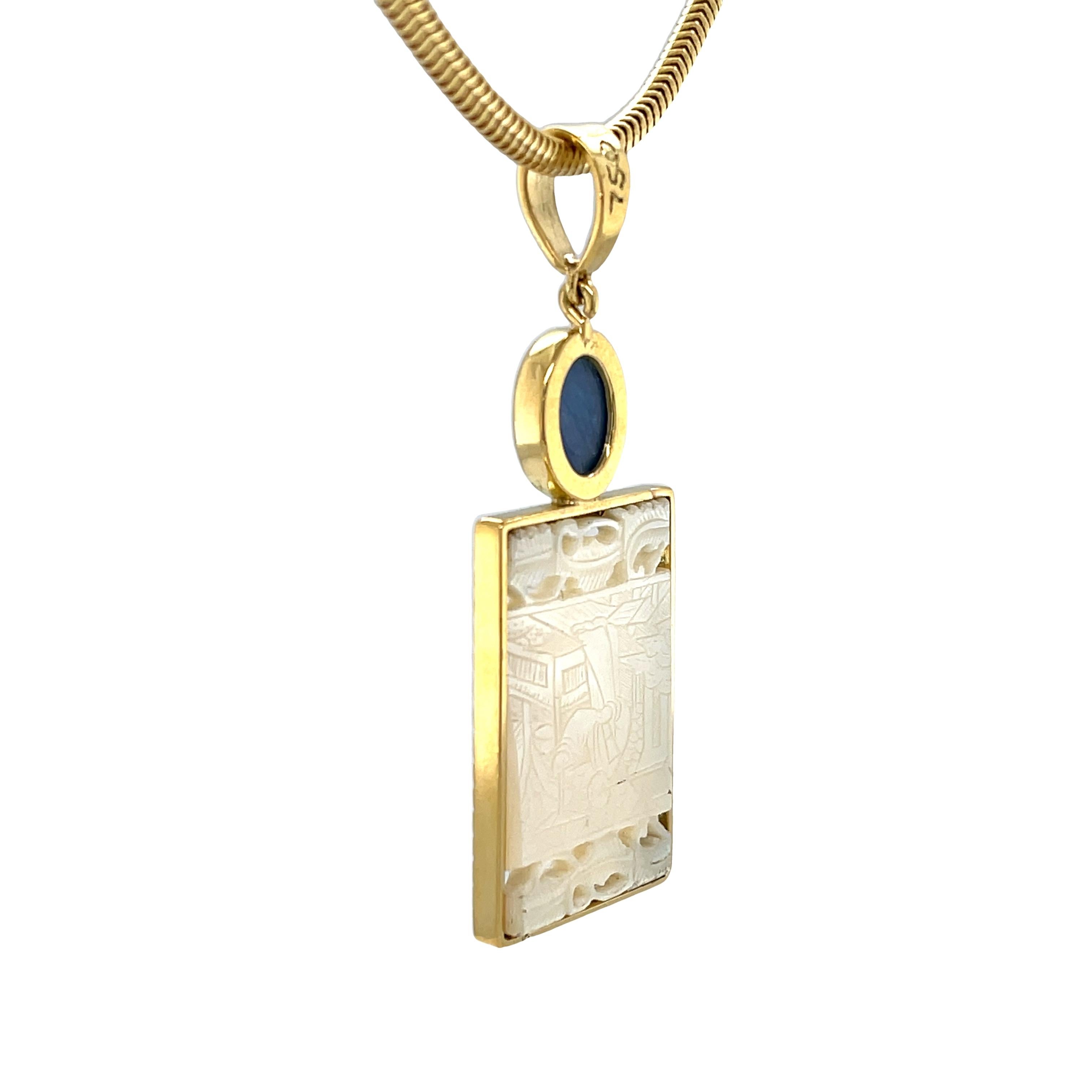 Artisan Antique Mother-of-Pearl Gambling Counter and Kyanite Cabochon Pendant 18k Gold For Sale