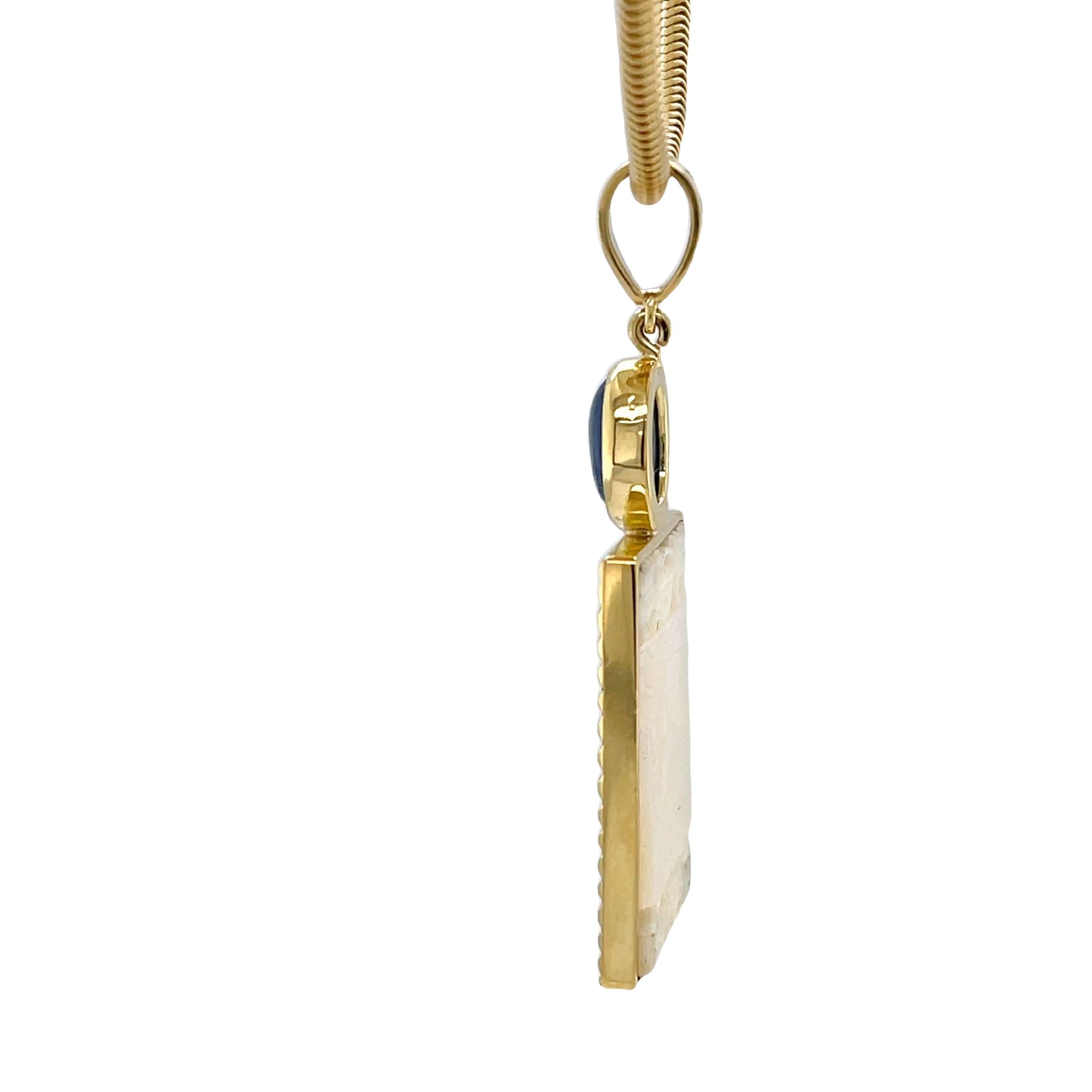 Mixed Cut Antique Mother-of-Pearl Gambling Counter and Kyanite Cabochon Pendant 18k Gold For Sale