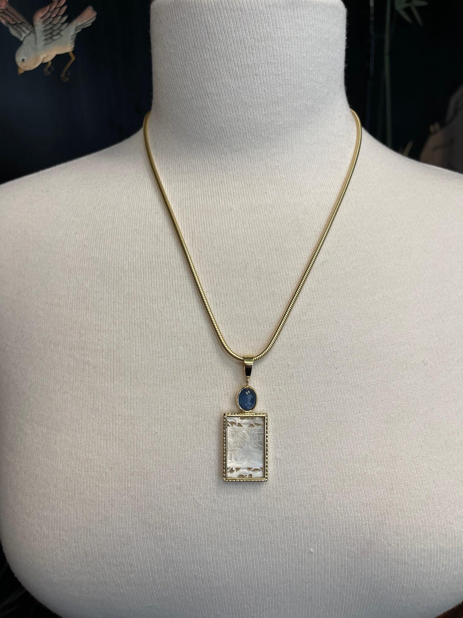 Women's or Men's Antique Mother-of-Pearl Gambling Counter and Kyanite Cabochon Pendant 18k Gold For Sale