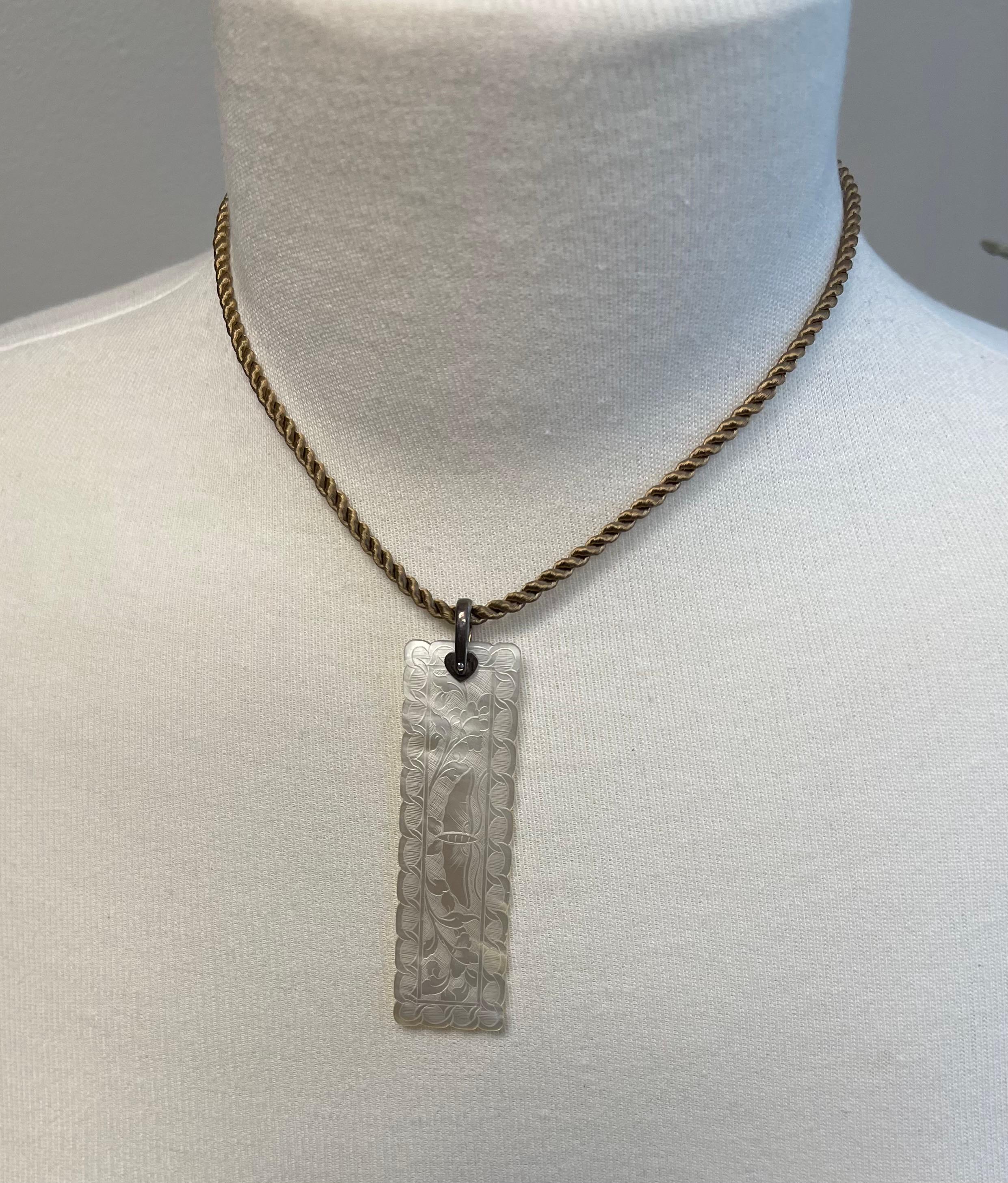 Women's or Men's Antique Mother-of-Pearl Gambling Counter Reversible Pendant in Blackened Silver  For Sale